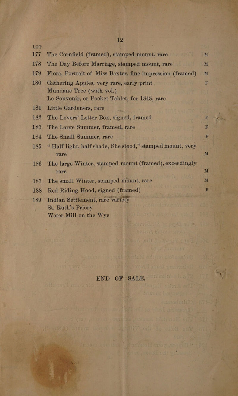The Cornfield (framed), stamped mount, rare The Day Before Marriage, stamped mount, rare Flora, Portrait of Miss Baxter, fine impression (framed) Gathering Apples, very rare, early print Mundane Tree (with vol.) Le Souvenir, or Pocket Tablet, for 1848, rare Little Gardeners, rare } The Lovers’ Letter Box, signéd, framed The Large Summer, framed, rare The Small Summer, rare “ Half light, half shade, She stood,” stamped mount, very rare | The large Winter, stamped mount (framed), exceedingly rare The small Winter, stamped mount, rare Red Riding Hood, signed (framed) Indian Settlement, rare vartety St. Ruth’s Priory Water Mill on the Wye END OF SALE. M M