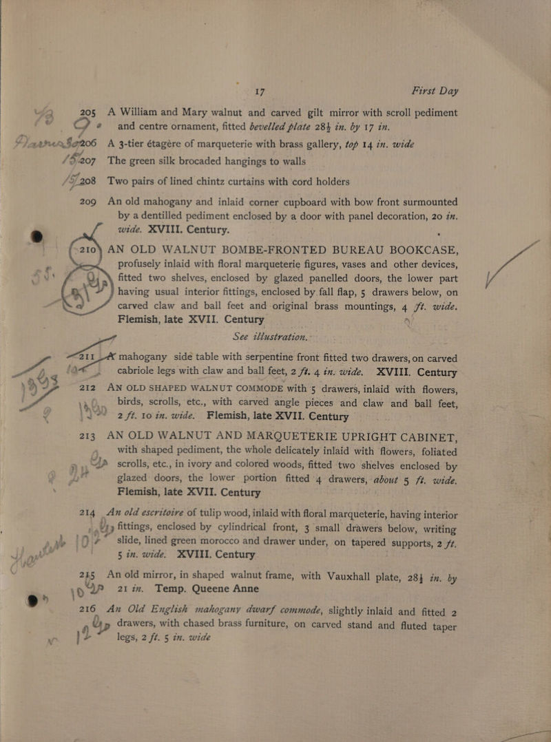 3 205 A William and Mary walnut and carved gilt mirror with scroll pediment “ Gy # and centre ornament, fitted bevelled plate 284 in. by 17 in. a eer, $2206 A 3-tier étagére of marqueterie with brass gallery, top 14 in. wide /&amp;L 207 The green silk brocaded hangings to walls /3208 Two pairs of lined chintz curtains with cord holders 209 Anold mahogany and inlaid corner cupboard with bow front surmounted by a dentilled pediment enclosed by a door with panel decoration, 20 zn. wide. XVII. Century. (ee : 1 5 AN OLD WALNUT BOMBE- FRONTED BUREAU BOOKCASE, / — profusely inlaid with floral marqueterie figures, vases and other devices, .\, fitted two shelves, enclosed by glazed panelled doors, the lower part | having usual interior fittings, enclosed by fall flap, 5 drawers below, on carved claw and ball feet and. original brass mountings, 4 ft. wide. Flemish, late XVII. Century ik a? < See illustration x a 211 mahogany sidé table with serpentine front fitted two drawers, on carved “ aD. cabriole legs with claw and ball feet, 2/4. 4 tn. wide. XVIII. Century , a ig 212 AN OLD SHAPED WALNUT COMMODE with is drawers, inlaid with flowers, Pl bP sag La van birds, scrolls, etc., with carved angle pieces and claw and ball feet, 9 ek, 2 ft. 10 an. wide. Flemish, late XVII. Century 213 AN OLD WALNUT AND MARQUETERIE UPRIGHT CABINET, with shaped pediment, the whole delicately inlaid with flowers, foliated oe a ‘A scrolls, etc., in ivory and colored woods, fitted two shelves enclosed by ue glazed: Hiicce the lower portion fitted » + drawers, about 5 ft. wide. Flemish, late XVII. Century : 214 Ax old escritoire of tulip wood, inlaid with floral marqueterie, having interior vy fittings, enclosed by cylindrical front, 3 small drawers below, writing vp $1) iy’ £ slide, lined green morocco and drawer under, on ee supports, 2 /¢. 5 in. wide. XVIII. Century. 2145 An old mirror, in shaped walnut frame, with Vauxhall plate, 28} zn. by \® “jp 217i. Temp. Queene Anne | 216 An Old English mahogany dwarf commode, slightly inlaid and fitted 2 i 0; P drawers, with chased brass furniture, on carved stand and fluted taper a “legs, 2 ft. 5 in. wide
