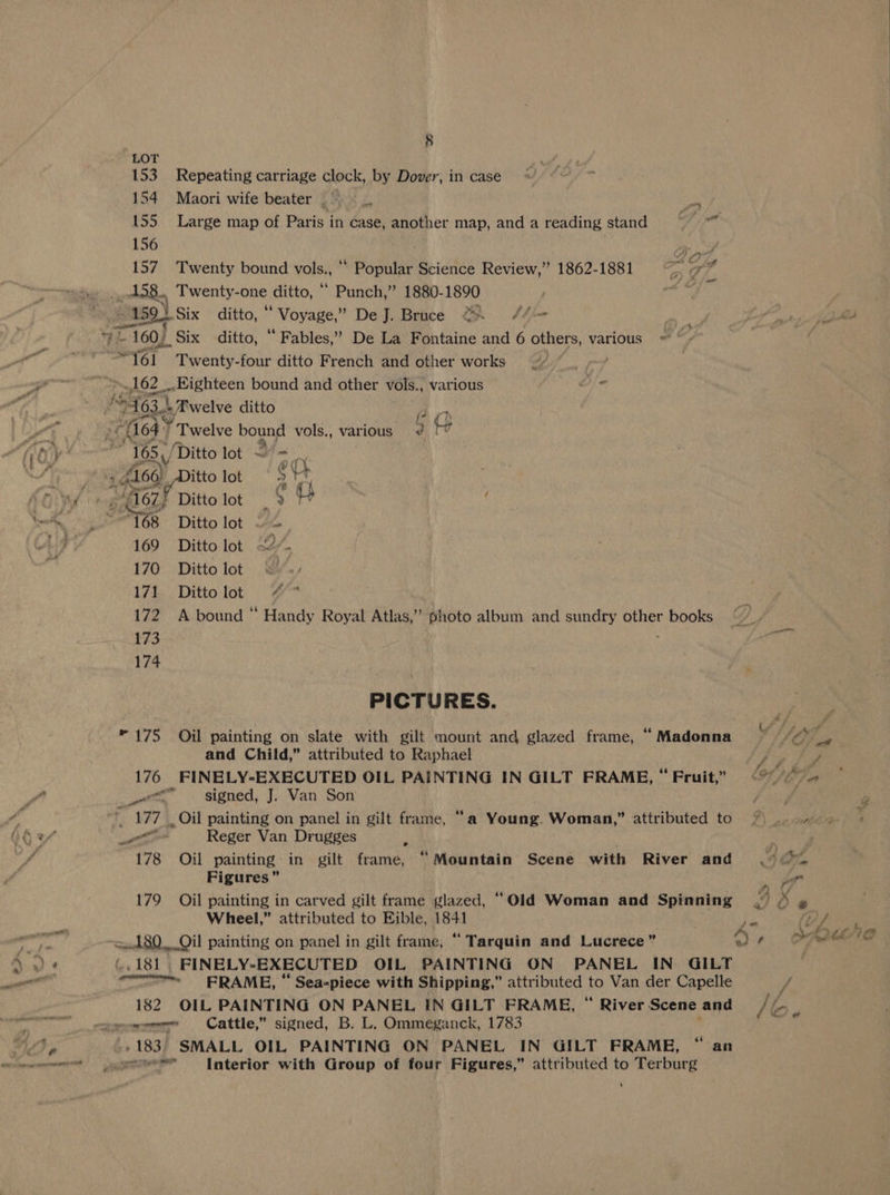 153 Repeating carriage clock, by Dover, in case 154 Maori wife beater ~ 155 Large map of Paris in case, another map, and a reading stand 156 | ; oy 157 Twenty bound vols., ‘* Popular Science Review,” 1862-1881 “+” _AS8., Twenty-one ditto, “ Punch,” 1880-1890 aaa 5S ‘ 1597 Six ditto, “ Voyage,” De J. Bruce 2. /4~= | : “feo = 160). Six ditto, “ Fables,’ De La Fontaine and 6 hee various « tf . = {61 Twenty-four ditto French and other works pot 162 _..Eighteen bound and other vols., various ere J, 4163.) a Fwelve ditto iA rh | “(1647 Twelve bound vols., various a 7 165, Ditto lot 2/- 4 Ae. Ditto lot 2 rt 67 Ditto i ania ES : {68 Ditto lot © = 169 Dittolot <2”. 170 Dittolot © 171 Dittolot <<” 172 A bound “ Handy Royal Atlas,”’ photo album and sundry other books 173 Lee 174 , PICTURES. | * 175 Oil painting on slate with gilt mount and glazed frame, “Madonna i, a 7 and Child,” attributed to Raphael Vie ee ” 176 FINELY-EXECUTED OIL PAINTING IN GILT FRAME, “Fruit,” (07 « ee ~~ signed, J. Van Son r 177 . Oil painting on panel in gilt frame, “a Young. Woman,” attributed to 9)... 9+ z sie Reger Van Drugges : | é 178 Oil painting in gilt frame, “Mountain Scene with River and = .° % Figures” be 179 Oil painting in carved gilt frame glazed, “Old Woman and Spinning .° © » Wheel,” attributed to Eible, 1841 Linky Fk 7, yA i =180. Oil painting on panel in gilt frame, “ Tarquin and Lucrece” S++ OnMmetd ..181. FINELY-EXECUTED OIL PAINTING ON PANEL IN GILT : ™ FRAME, “ Sea-piece with Shipping,” attributed to Van der Capelle 182 OIL PAINTING ON PANEL IN GILT FRAME, “ River Scene and //- eeercrer Cattle,” signed, B. L. Ommeganck, 1783 ? ; .183° SMALL OIL, PAINTING ON PANEL IN GILT FRAME, “ an sneer’ Interior with Group of four Figures,” attributed to Terburg