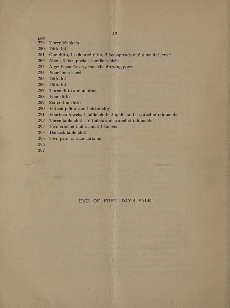 279 280 281 282 283 284 285 286 287 288 289 290 291 292 293 294 295 296 297 Three blankets Ditto lot One ditto, 1 coloured ditto, 2 bed-spreads and a mantel cover About 3 doz. pocket handkerchiefs A gentleman’s very fine silk dressing gown Four linen sheets Ditto lot Ditto. lot Three ditto and another Four ditto Six cotton ditto Fifteen pillow and bolster slips Fourteen towels, 1 table cloth, 3 quilts and a parcel of oddments Three table cloths, 6 toilets and parcel of oddments Two crochet quilts and 2 blankets Damask table cloth Two pairs of lace curtains END OF FIRST DAY’S SALE,