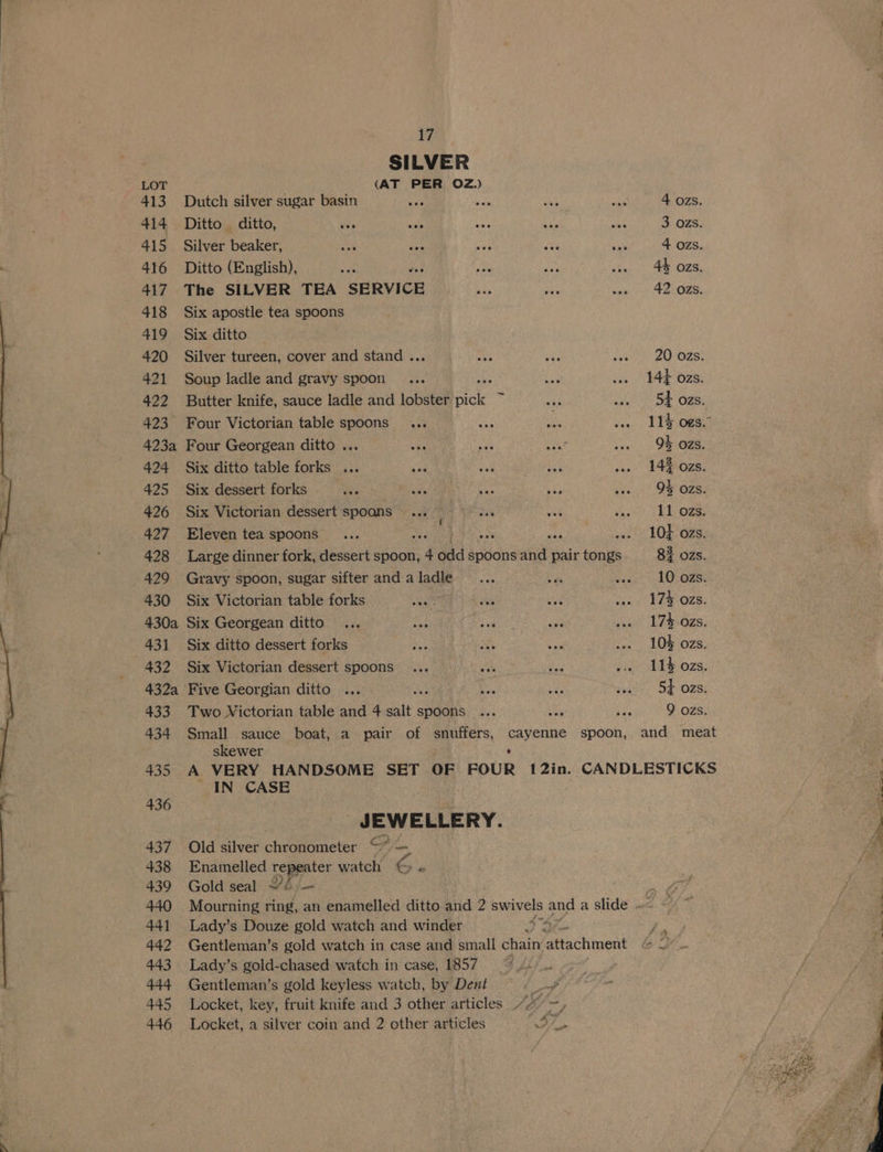 SILVER : (AT PER OZ.) Dutch silver sugar basin : Ditto ditto, Silver beaker, Ditto (English), The SILVER TEA SERVICE Six apostle tea spoons Six ditto Silver tureen, cover and stand ... Soup ladle and gravy spoon pu Butter knife, sauce ladle and lobster pick ~ Four Victorian table spoons Four Georgean ditto ... Six ditto table forks .. Six dessert forks . Six Victorian dessert spoans te Eleven tea spoons Gravy spoon, sugar sifter and a ladle Six Victorian table forks Six Georgean ditto Six ditto dessert forks Six Victorian dessert spoons Five Georgian ditto ... ‘ag Two Victorian table and 4 ibs spoons ... Small sauce boat, a pair of snuffers, skewer IN CASE _ JEWELLERY. Old silver chronometer we — Enamelled repeater watch © « Lady’s Douze gold watch and winder &amp; Gentleman’s gold watch in case and small chain Pechinent Lady’s gold-chased watch in case, 1857. Gentleman’s gold keyless watch, by Dent ne Locket, key, fruit knife and 3 other articles ey _, Aside A, Locket, a silver coin and 2 other articles Lo WPA se