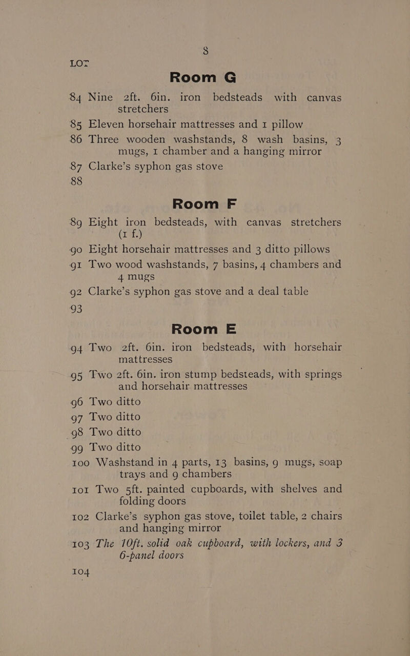 ) 84 85 86 87 88 89 96 97 98 99 Room G Nine 2ft. 6in. iron bedsteads with canvas stretchers Eleven horsehair mattresses and 1 pillow Three wooden washstands, 8 wash basins, 3 mugs, I chamber and a hanging mirror Clarke’s syphon gas stove Room F Eight iron bedsteads, with canvas stretchers (I f.) Eight horsehair mattresses and 3 ditto pillows Two wood washstands, 7 basins, 4 chambers and 4 mugs Clarke’s syphon gas stove and a deal table Room E Two 2ft. 6in. iron bedsteads, with horsehair mattresses Two 2ft. 6in. iron stump bedsteads, with springs and horsehair mattresses Two ditto Two ditto Two ditto Two ditto IoI 102 103 104 trays and g chambers Two 5ft. painted cupboards, with shelves and folding doors Clarke’s syphon gas stove, toilet table, 2 chairs and hanging mirror The 10ft. solid oak cupboard, with lockers, and 3 6-panel doors