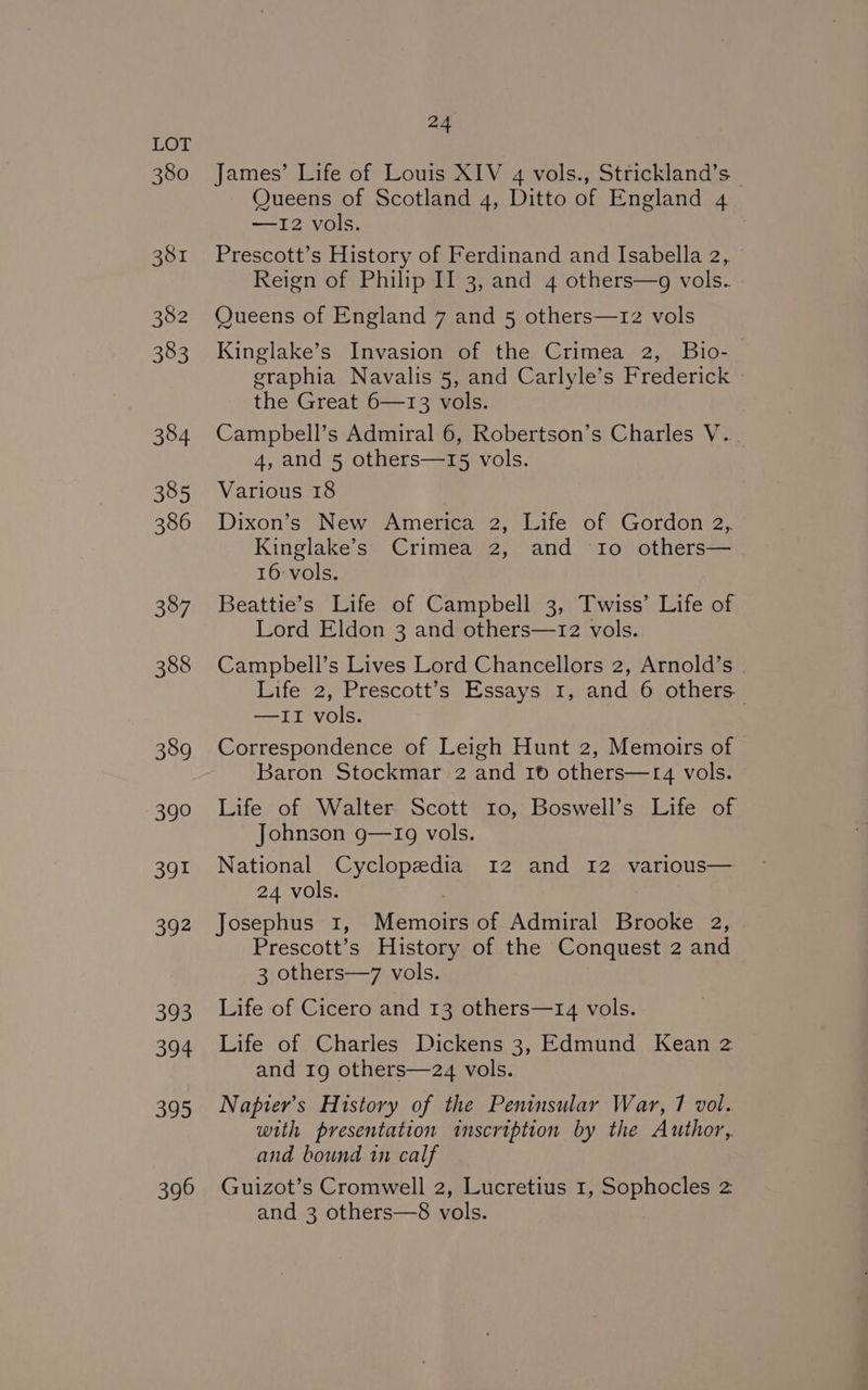 387 388 389 390 391 392 393 394 395 396 24 James’ Life of Louis XIV 4 vols., Strickland’s Queens of Scotland 4, Ditto of England 4 —I2 vols. Prescott’s History of Ferdinand and Isabella 2, Reign of Philip II 3, and 4 others—g vols. Queens of England 7 and 5 others—12 vols Kinglake’s Invasion of the Crimea 2, Bio- | graphia Navalis 5, and Carlyle’s Frederick » the Great 6—13 vols. Campbell’s Admiral 6, Robertson’s Charles V... 4, and 5 others—15 vols. Various 18 Dixon’s New America 2, Life of Gordon 2,. Kinglake’s Crimea 2, and Io others— 16: vols. Beattie’s Life of Campbell 3, Twiss’ Life of Lord Eldon 3 and others—rz vols. Campbell’s Lives Lord Chancellors 2, Arnold’s | Life 2, Prescott’s Essays 1, and 6 others. —II vols. Correspondence of Leigh Hunt 2, Memoirs of Baron Stockmar 2 and 1 others—r4 vols. Life of Walter Scott 10, Boswell’s Life of Johnson 9—Ig9 vols. National Cyclopedia 12 and 12 various— 24 vols. . Josephus 1, Memoirs of Admiral Brooke 2, Prescott’s History of the Conquest 2 and 3 others—7 vols. Life of Cicero and 13 others—r4 vols. Life of Charles Dickens 3, Edmund Kean 2 and 19 others—24 vols. Napier’s History of the Peninsular War, 7 vol. with presentation inscription by the Author,. and bound 1n calf Guizot’s Cromwell 2, Lucretius 1, Sophocles 2 and 3 others—8 vols.