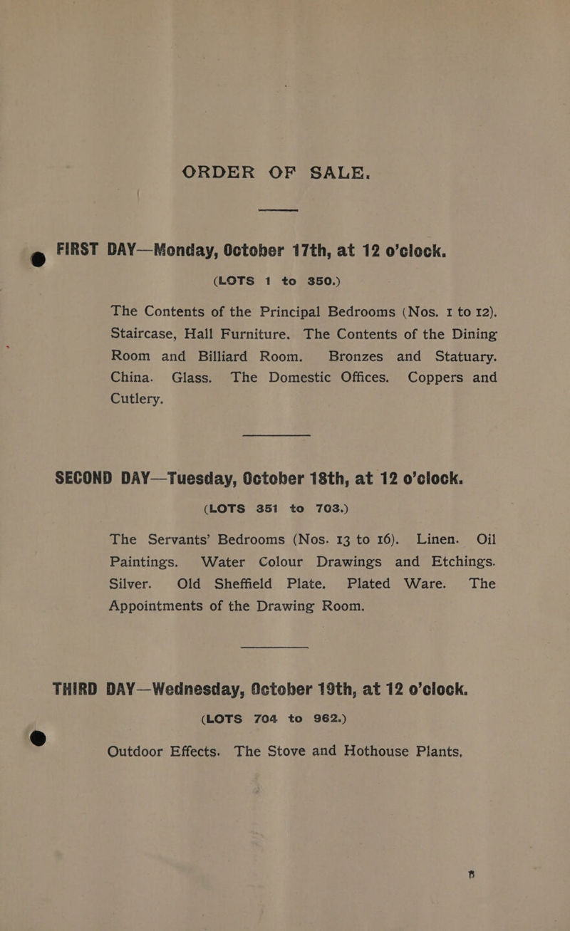 ORDER OF SALE. e FIRST DAY—Monday, October 17th, at 12 o’clock. (LOTS 1 to 350.) The Contents of the Principal Bedrooms (Nos. I to 12). Staircase, Hall Furniture. The Contents of the Dining Room and Billiard Room. Bronzes and Statuary. China. Glass. The Domestic Offices. Coppers and Cutlery. SECOND DAY—Tuesday, Octeber 18th, at 12 o’clock. (LOTS 351 to 703.) The Servants’ Bedrooms (Nos. 13 to 16). Linen. Oil Paintings. Water Colour Drawings and Etchings. Silver. Old Sheffield Plate. Plated Ware. The Appointments of the Drawing Room. THIRD DAY—Wednesday, October 19th, at 12 o’clock. (LOTS 704 to 962.) Outdoor Effects. The Stove and Hothouse Plants,