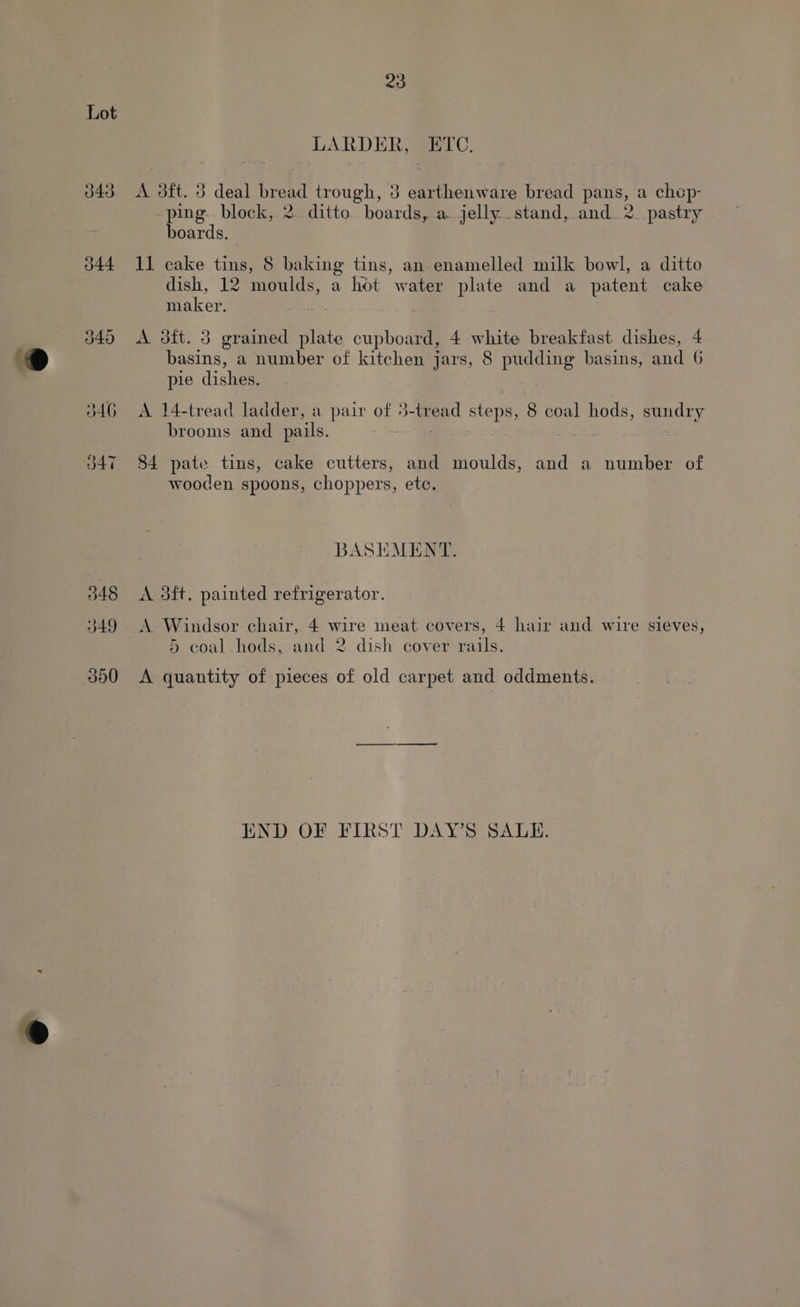 ® LARDER, ETC. A dft. 3 deal bread trough, 3 dethouv are bread HEU chop- ping. block, 2. ditto boards, a. jelly..stand, and_2_ pastry boards. 11 cake tins, 8 baking tins, an enamelled milk bowl, a ditto dish, 12 moulds, a hot water plate and a patent cake maker. . A 3ft. 3 grained plate cupboard, 4 white breakfast dishes, 4 basins, a number of kitchen jars, 8 pudding basins, and 6 ple dishes. A 14-tread ladder, a pair aoe B= at steps, 8 coal hods, sundry brooms and pails. as 84 pate tins, cake cutters, and moulds, and a number of wooden spoons, choppers, etc. BASEMENT. A 3ft. painted refrigerator. A Windsor chair, 4 wire meat covers, 4 hair and wire sieves, 5 coal hods,; and 2 dish cover rails. A quantity of pieces of old carpet and oddments. END OF FIRST DAY'S SALE.