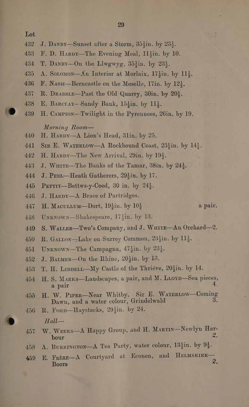 29 J. Danpy—Sunset after a Storm, 3d3in. by 234. I. D. Harpy—The Evening Meal, 114in. by 10. T. Danspy—On the Llwgwyg, 35}in. by. 234. F’. Nasiu—Berncastle on the Moselle, 17in. by 123, R. Drassre—Past the Old Quarry, 30in. by 202. HK. Barcray—Sandy Bank, 15}in. by 114. Morning Room— | H. Harpy-—A Lion’s Head, 3lin. by 25, Str E. Watrrtow—A Rockbound Coast, 234in. by 14}. H. Harpy—tThe New Arrival, 29in. by 194. 4 J. WuitE—The Banks of the Tamar, 38in. by 243. | J. Prer—Heath Gatherers, 29}in. by 17. J. Harpy—aA Brace of Partridges. H. Macuttum—Dort, 194in. by 105 a pair. Unxnown—Shakespeare, 17}in. by 13. - S. WaLLeER—Two’s Company, and J. Wu1r—E—An Orchard—2. R. Gatton—-Lake on Surrey Common, 234in. by 114. Uxxnown—The Campagna, 47in. by 234. J. BatmER—On the Rhine, 20$in. by Le. | : T. H. Liapps1z—My Castle of the Thriéve, 204in. by 14. H. S. Marxs—Landscapes, a pair, and M. Lroyp—Sea pieces, a pair Pe 3 é H. W. Preer—Near Whitby. Sir E. Warertow—Coming ~ Dawn, and a water colour, Grindelwald 3. R. Forp—Haystacks, 294in. by 24. Hall— W. Werxs—A Happy Group, and H. Mart1x—Newlyn Har- bour fas A. Burrryeron—A Tea Party, water colour, 13}in. by 93. KE. Frere—A Courtyard at Econen, and HermsKirK— Boors :