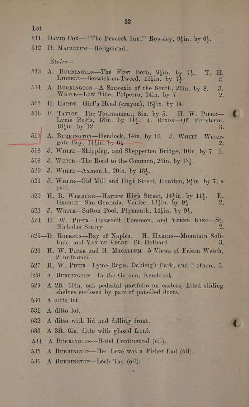 32 ol2 H. Macattum—Heligoland. Stairs— o13 A. Burrineron—The First Born, 9hin. by 71. T. H. Lipprt1—Berwick-on-Tweed, 11lin. by 74 sitet vl4 A. Burrineton—A Souvenir of the South, 20in. by 8. J. Wuite—Low Tide, Polperro, 14in. by 7 XQ. 015 H. Harpy—Girl’s Head (crayon), 161in. by 14. 51 A 518 J b20 J b21 J one HH 23 J ont HH 525—D 626 H b2T 18tin. by 12 O. gate Bay, 14Tin~by-6}——— 2 pair. Grorce—San Geremia, Venice, 184in. by 94 Nicholas Sturry 2. tude, and Van pE Vetpe—St. Gothard 2 unframed. In the Garden, Kersbrook. 2ft. 10in. oak pedestal portfolio on casters, fitted sliding shelves enclosed by pair of panelled doors. 532 A 533 A 534 A 535A 036 A ditto with lid and falling front. 3ft. Gin. ditto with glazed front. Burrinctron—Her Love was a Fisher Lad (oil). Burrineton—Loch Tay (oil).