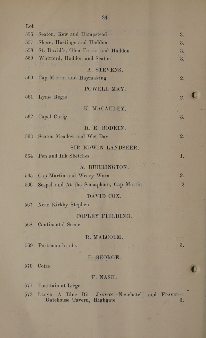 556 557 558 560 561 34 Seaton, Kew and Hampstead “5 Shere, Hastings and Haddon 3. St. David’s, Glen Farrar and Haddon 3. Whitford, Haddon and Seaton 3: Se A. STEVENS. Cap Martin and Haymaking 2: . POWELL MAY. Lyme Regis D3 K. MACAUWEEY. « ; Capel Curig ANG 3. H. HE. BODKIN. ; Seaton Meadow and Wet Day A Re SIR EDWIN LANDSEER. Pen and Ink Sketches: - iS A. BURRINGTON. Cap Martin and Weary Worn oe Sospel and At the Semaphore, Cap Martin 2 - DAVID COX. oe Near Kirkby Stephen COPLEY FIELDING. Continental Scene R. MALCOLM. Portsmouth, ete. 7 . 3. BE. GEORGE. Coire FI’. NASH. Fountain at Liege. Lroyp—A Blue Bit. Janson—Neuchatel, and Fraser— Gatehouse Tavern, Highgate eas, a.