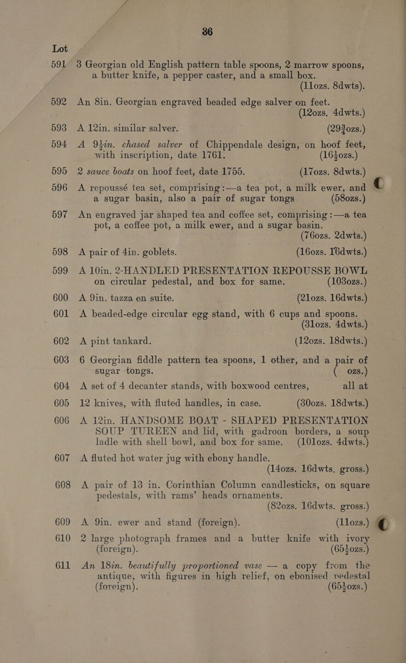 ‘ooL 607 608 609 610 611 36 3 Georgian old English pattern table spoons, 2 marrow spoons, a butter knife, a pepper caster, and a small box. (llozs. 8dwts). An 8in. Georgian engraved beaded edge salver on feet. (120zs. 4dwts.) A 12in. similar salver. (2930zs.) A 93in. chased salver of Chippendale design, on hoof feet, with inscription, date 1761. _ (1640zs.) 2 sauce boats on hoof feet, date 1755. (17ozs. 8dwts.) A repoussé tea set, comprising :—-a tea pot, a milk ewer, and a sugar basin, also a pair of sugar tongs (580zs.) An engraved jar shaped tea and coffee set, comprising : —a tea pot, a coffee pot, a milk ewer, and a sugar basin. (76o0zs. 2dwts.) A pair of 4in. goblets. | (16ozs. I6dwts.) A 10in. 2-HANDLED PRESENTATION REPOUSSE BOWL on circular pedestal, and box for same. (1030zs.) A Qin. tazza en suite. — (Rlozs. 16dwts.) A beaded-edge circular egg stand, with 6 cups and spoons. (3lozs. 4dwts.) A pint tankard. (12ozs. 18dwts.) 6 Georgian fiddle pattern tea spoons, 1 other, and a pair of sugar tongs. ( ozs.) A set of 4 decanter stands, with boxwood centres, all at 12 knives, with fluted handles, in case. (300zs. 18dwts.) A 12in. HANDSOME BOAT - SHAPED PRESENTATION SOUP TUREEN and lid, with -gadroon borders, a soup ladle with shell bowl, and box for same. (10lozs. 4dwts.) A fluted hot water jug with ebony handle. (14ozs. 16dwts, gross.) A pair of 13 in. Corinthian Column candlesticks, on square pedestals, with rams’ heads ornaments. (820zs. 16dwts. gross.) A Qin. ewer and stand (foreign). (Llozs.) 2 large photograph frames and a butter knife with ivory (foreign). (653 0zs.) An 18in. beautifully proportioned vase — a copy from the antique, with figures in high relief, on ebonised nedestal (foreign). | (655028. )