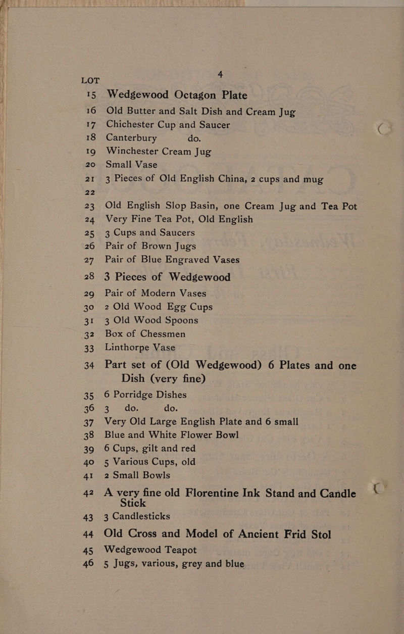 Wedgewood Octagon Plate Old Butter and Salt Dish and Cream Jug Chichester Cup and Saucer Canterbury do. Winchester Cream Jug Small Vase 3 Pieces of Old English China, 2 cups and mug Old English Slop Basin, one Cream Jug and Tea Pot Very Fine Tea Pot, Old English 3 Cups and Saucers Pair of Brown Jugs Pair of Blue Engraved Vases 3 Pieces of Wedgewood Pair of Modern Vases 2 Old Wood Egg Cups 3 Old Wood Spoons Box of Chessmen Linthorpe Vase Part set of (Old Wedgewood) 6 Plates and one Dish (very fine) 6 Porridge Dishes es do. Very Old Large English Plate and 6 small Blue and White Flower Bowl 6 Cups, gilt and red 5 Various Cups, old 2 Small Bowls A very fine old Florentine Ink Stand and Candle Stick 3 Candlesticks Old Cross and Model of Ancient Frid Stol Wedgewood Teapot . 5 Jugs, various, grey and blue C