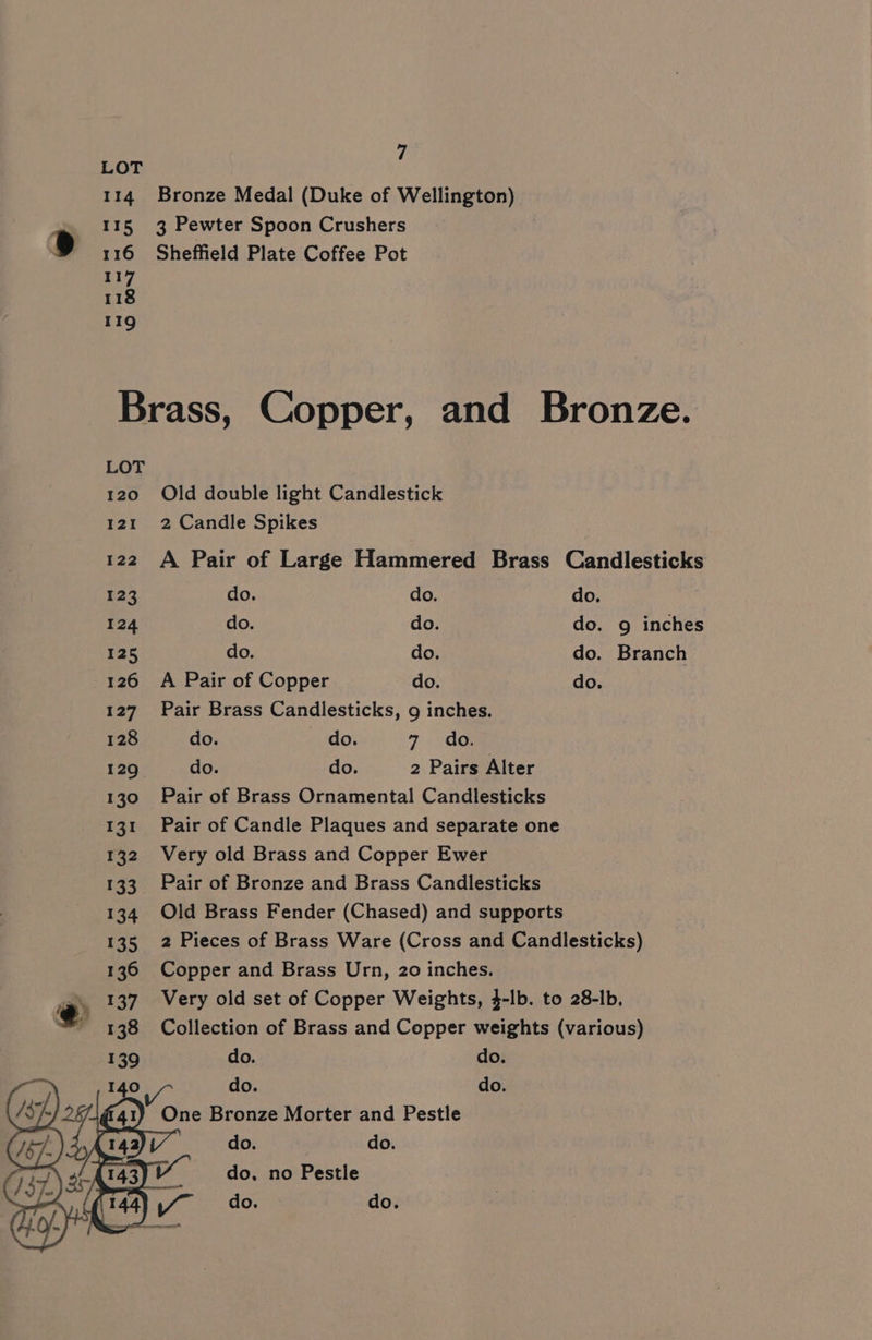 LOT 114 Bronze Medal (Duke of Wellington) 115 3 Pewter Spoon Crushers ¥ 116 Sheffield Plate Coffee Pot 117 118 119 Brass, Copper, and Bronze. LOT 120 Old double light Candlestick 121 2 Candle Spikes 122 A Pair of Large Hammered Brass Candlesticks 123 do. do. do. 124 do. do. do. g inches 125 do. do. do. Branch 126 A Pair of Copper do. do. 127 Pair Brass Candlesticks, 9 inches. 128 do. do. 7 oe 129 do. do. 2 Pairs Alter 130 Pair of Brass Ornamental Candlesticks 131 Pair of Candle Plaques and separate one 132 Very old Brass and Copper Ewer 133 Pair of Bronze and Brass Candlesticks 134 Old Brass Fender (Chased) and supports 135 2 Pieces of Brass Ware (Cross and Candlesticks) 136 Copper and Brass Urn, 20 inches. e 137 Very old set of Copper Weights, 4-lb. to 28-lb, ™ 138 Collection of Brass and Copper weights (various) do. do. do. do. One Bronze Morter and Pestle do. do