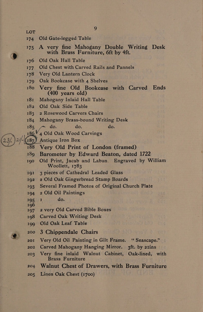 174 175 176 177 178 179 180 181 182 183 184 185, Old Gate-legged Table A very fine Mahogany Double Writing Desk with Brass Furniture, 6ft by 4ft. Old Oak Hall Table Old Chest with Carved Rails and Pannels Very Old Lantern Clock Oak Bookcase with 4 Shelves Very fine Old Bookcase with Carved Ends (400 years old) Mahogany Inlaid Hall Table Old Oak Side Table 2 Rosewood Carvers Chairs Mahogany Brass-bound Writing Desk do. do. 189 190 IQI 192 193 194 195 196 197 198 199 200 201 202 203 204 205, Barometer by Edward Beaton, dated 1722 Old Print, Jacab and Labun. Engraved by William Woollett, 1783 3 pieces of Cathedral Leaded Glass 2 Old Oak Gingerbread Stamp Boards Several Framed Photos of Original Church Plate 2 Old Oil Paintings I do. 2 very Old Carved Bible Boxes Carved Oak Writing Desk Old Oak Leaf Table 3 Chippendale Chairs Very Old Oil Painting in Gilt Frame. ‘‘ Seascape.” Carved Mahogany Hanging Mirror. 3ft. by 22ins Very fine inlaid Walnut Cabinet, Oak-lined, with Brass Furniture Walnut Chest of Drawers, with Brass Furniture Linen Oak Chest (1700)