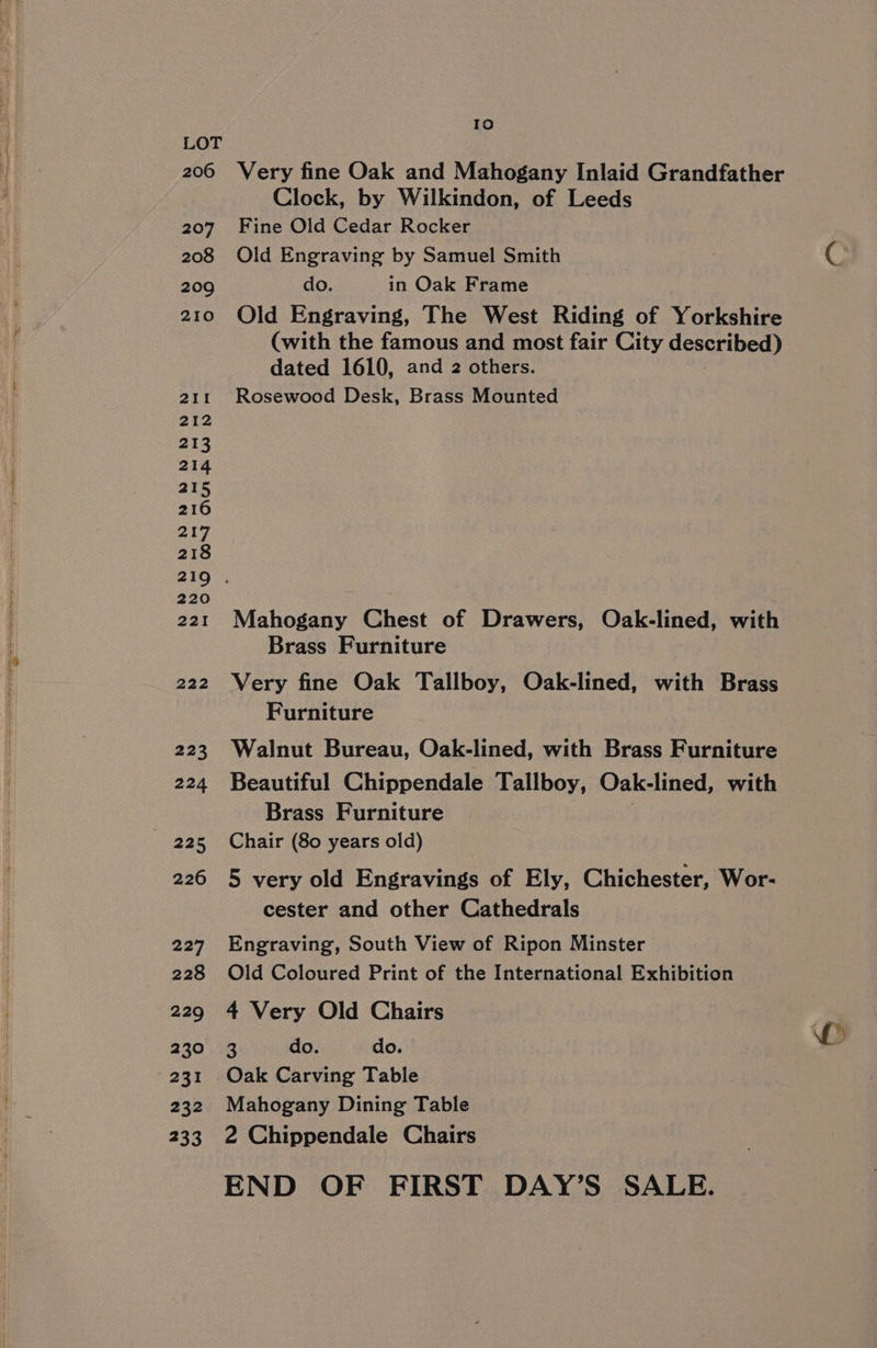 206 207 208 209 210 211 212 213 214 215 216 217 218 220 221 222 223 224 226 227 228 229 230 231 232 233 Id Very fine Oak and Mahogany Inlaid Grandfather Clock, by Wilkindon, of Leeds Fine Old Cedar Rocker Old Engraving by Samuel Smith do. in Oak Frame Old Engraving, The West Riding of Yorkshire (with the famous and most fair City described) dated 1610, and 2 others. Rosewood Desk, Brass Mounted Mahogany Chest of Drawers, Oak-lined, with Brass Furniture Very fine Oak Tallboy, Oak-lined, with Brass Furniture Walnut Bureau, Oak-lined, with Brass Furniture Beautiful Chippendale Tallboy, Oak- lined, with Brass Furniture Chair (80 years old) 5 very old Engravings of Ely, Chichester, Wor- cester and other Cathedrals Engraving, South View of Ripon Minster Old Coloured Print of the International Exhibition 4 Very Old Chairs es do. do. Oak Carving Table Mahogany Dining Table 2 Chippendale Chairs END OF FIRST DAY’S SALE.