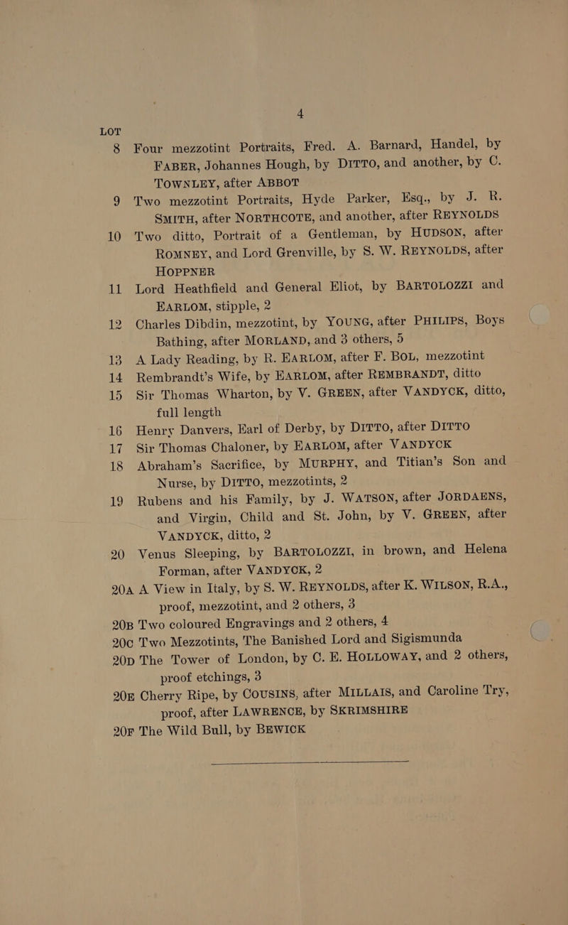 4 LOT 8 Four mezzotint Portraits, Fred. A. Barnard, Handel, by FABER, Johannes Hough, by DITTO, and another, by C. TOWNLEY, after ABBOT 9 Two mezzotint Portraits, Hyde Parker, Esq., by J. R. SMITH, after NORTHCOTE, and another, after REYNOLDS 10 Two ditto, Portrait of a Gentleman, by HUDSON, after RoMNEY, and Lord Grenville, by S. W. REYNOLDS, after HOPPNER 11 Lord Heathfield and General Eliot, by BARTOLOZZI and EARLOM, stipple, 2 12 Charles Dibdin, mezzotint, by YOUNG, after PHILIPS, Boys Bathing, after MORLAND, and 3 others, 5 13 A Lady Reading, by R. EARLOM, after F. BOL, mezzotint 14 Rembrandt’s Wife, by EARLOM, after REMBRANDT, ditto 15 Sir Thomas Wharton, by V. GREEN, after VANDYCK, ditto, full length 16 Henry Danvers, Earl of Derby, by DITTO, after DITTO 17. Sir Thomas Chaloner, by EARLOM, after VANDYCK 18 Abraham’s Sacrifice, by MURPHY, and Titian’s Son and Nurse, by DirTo, mezzotints, 2 19 Rubens and his Family, by J. WATSON, after JORDAENS, and Virgin, Child and St. John, by V. GREEN, after VANDYCK, ditto, 2 20 Venus Sleeping, by BARTOLOZZI, in brown, and Helena Forman, after VANDYCK, 2 90a A View in Italy, by 8. W. REYNOLDS, after K. WILSON, R.A, proof, mezzotint, and 2 others, 3 20B Two coloured Engravings and 2 others, 4 900 Two Mezzotints, The Banished Lord and Sigismunda 2900p The Tower of London, by C. E. HoLLowAY, and 2 others, proof etchings, 3 90g Cherry Ripe, by COUSINS, after MILLAIS, and Caroline Try, proof, after LAWRENCE, by SKRIMSHIRE 90F The Wild Bull, by BEWICK