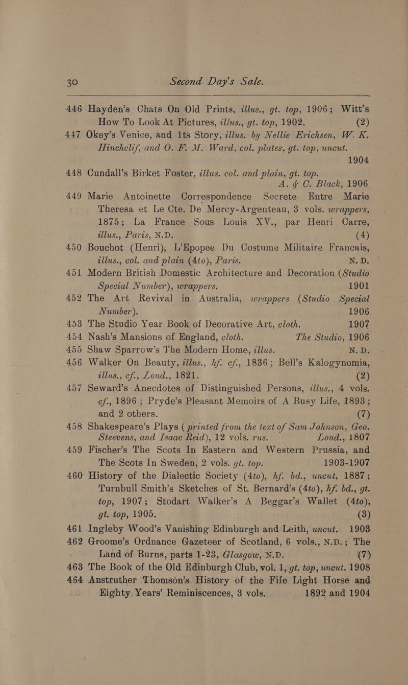 446 —— Hayden’s Chats On Old Prints, illus., gt. top, 1906; Witt’s How To Look At Pictures, zllus., gt. top, 1902. (2) 448 449 450 451 452 453 454 455 456 457 458 459 460 461 462 463 464 Minchelif, and O. FP. M. Ward, col. plates, gt. top, uncut. 1904 Cundall’s Birket Foster, cliws. col. and plain, gt. top. A. &amp; C. Black, 1906 Marie Antoinette Correspondence Secrete Entre Marie Theresa et Le Cte. De Mercy-Argenteau, 3 vols. wrappers, 1875; La France Sous Louis XV., par Henri Carre, illus., Paris, N.D. (4) Bouchot (Henri), L’Epopee Du Costume Militaire Francais, tllus., col. and plain (4to), Paris. N. D. Modern British Domestic Architecture and Decoration (Studio Special Number), wrappers. 1901 The Art Revival in Australia, wrappers (Studio Special Number). | 1906 The Studio Year Book of Decorative Art, cloth. 1907 Nash’s Mansions of England, cloth. The Studio, 1906 Shaw Sparrow’s The Modern Home, illus. N.D. Walker On Beauty, dllus., hf cf, 1836; Bell’s Kalogynomia, tllus., ef., Lond., 1821. (2) Seward’s Anecdotes of Distinguished Persons, ¢llus., 4 vols. cf., 1896 ; Pryde’s Pleasant Memoirs of A Busy Life, 1893 ; and 2 others. (7) Shakespeare’s Plays ( printed from the text of Sam Johnson, Geo. Steevens, and Isaac Reid), 12 vols. rus. Lond., 1807 Fischer’s The Scots In Eastern and Western Prussia, and The Scots In Sweden, 2 vols. gt. top. 1908-1907 History of the Dialectic Society (4to), hf. bd., uncut, 1887; Turnbull Smith’s Sketches of St. Bernard’s (4to), hf. bd., gt. top, 1907; Stodart Walker’s A Beggar’s Wallet (4to), gt. top, 1905. (3) Ingleby Wood’s Vanishing Edinburgh and Leith, uncut. 1908 Groome’s Ordnance Gazeteer of Scotland, 6 vols., N.D.; The Land of Burns, parts 1-23, Glasgow, N.D. : (7) The Book of the Old Edinburgh Club, vol. 1, gt. top, uncut. 1908 Anstruther Thomson’s History of the Fife Light Horse and Eighty. Years’ Reminiscences, 3 vols. 1892 and 1904