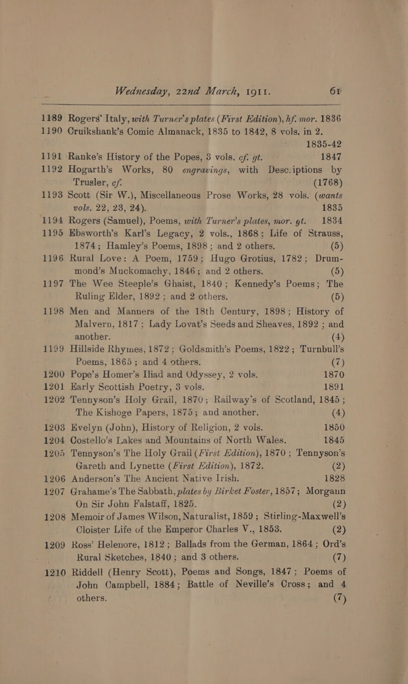 1189 1190 1191 1192 1193 1194 1195 1196 137 1198 fi 1200 1201 1202 1203 1204 1205 1206 1207 1208 1209 1210 Wednesday, 22nd March, 19\t. 61 Rogers’ Italy, with Turner’s plates (First Edition), hf. mor. 1836 Cruikshank’s Comic Almanack, 1835 to 1842, 8 vols. in 2. 1835-42 Ranke’s History of the Popes, 3 vols. cf gt. 1847 Hogarth’s Works, 80 engravings, with Desc:iptions by Trusler, ef. (1768) Scott (Sir W.), Miscellaneous Prose Works, 28 vols. (wants vols, 22, 23, 24). 1835 Rogers (Samuel), Poems, with Turner’s plates, mor. gt. 1834 Ebsworth’s Karl’s Legacy, 2 vols., 1868; Life of Strauss, 1874; Hamley’s Poems, 1898 ; and 2 others. (5) Rural Love: A Poem, 1759; Hugo Grotius, 1782; Drum- mond’s Muckomachy, 1846; and 2 others. (5) The Wee Steeple’s Ghaist, 1840; Kennedy’s Poems; The Ruling Elder, 1892 ; and 2 others. (5) Men and Manners of the 18th Century, 1898; History of Malvern, 1817 ; Lady Lovat’s Seeds and Sheaves, 1892 ; and another. (4) Hillside Rhymes, 1872; Goldsmith’s Poems, 1822; Turnbull’s Poems, 1865; and 4 others. (7) Pope’s Homer’s Iliad and Odyssey, 2 vols. 1870 Karly Scottish Poetry, 3 vols. 1891 Tennyson’s Holy Grail, 1870; Railway’s of Scotland, 1845 ; The Kishoge Papers, 1875; and another. 7 (4) Evelyn (John), History of Religion, 2 vols. 1850 Costello’s Lakes and Mountains of North Wales. 1845 Tennyson’s The Holy Grail (first Hdition), 1870 ; Tennyson’s Gareth and Lynette (First Edition), 1872. (2) Anderson’s The Ancient Native Irish. 1828 Grahame’s The Sabbath, plates by Birket Foster, 1857; Morgann On Sir John Falstaff, 1825. (2) Memoir of James Wilson, Naturalist, 1859 ; Stirling-Maxwell’s Cloister Life of the Emperor Charles V., 1853. (2) Ross’ Helenore, 1812; Ballads from the German, 1864; Ord’s Rural Sketches, 1840; and 3 others. (7) Riddell (Henry Scott), Poems and Songs, 1847; Poems of John Campbell, 1884; Battle of Neville’s Cross; and 4