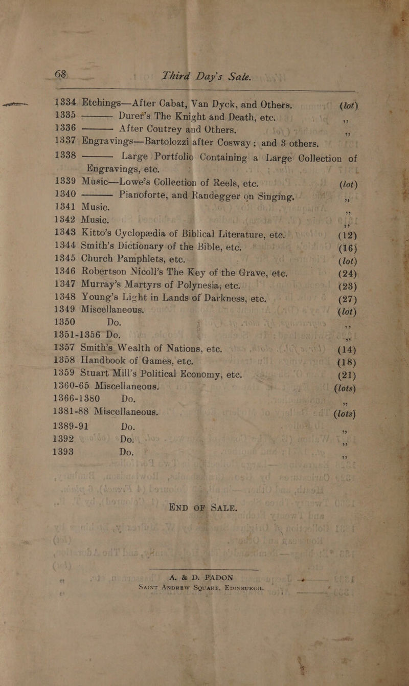 AGI om 1334, Etchings—After Cabat, Vai Dyék, 2 and Others, 0 (loty 1335 - Durer’s The Knight and Death, etc. =, 1336 After Coutrey and Others. CAG Far ioee 1337. Engravings—Bartolozzi after Cosway ; and 3 others, rot 1338 Large ) Portfolio sean a ae ee of _Engravings, etc. } : : TEGE 1339 Music—Lowe’s Collection of Reels, ee THD Uo) 1340 Pianoforte, and eee on Singing. - Aas ; 1341 Music. ; tes ny ahs AYU pig he 1342 Music. Cllrs a LORI BETES hie Otel 1343 Kitto’s Cyclopedia of Biblical Literature, eter Wooo) (12) 1344 Smith’s Dictionary of the Bible,etc. © § Hold (16) 1345 Church Pamphlets, etc. ALEC Seo amen @/, A 1346 Robertson Nicoll’s The Key of the Grave, be 3h) (2A oe 1348 Young’s Light in Lands of Darkness, ete Ss 2s 1349 Miscellaneous. © AIT) &amp; G0 liga ieee 1351-1356 Do. 4 | Eis hychiens hig GSS bes 1357 Smith’s Wealth oF Nations, ete. 59 ols CLO) ay 1359 Stuart Mill’s Political Hegaomys éte.! Ships do O fee ty 1366-1380 Do. eo Bagi : 1381-88 Miscellaneous. | oO, viallett oat. @aesy 1389-91 Do. | ORE UL Sara 1392, ¥:0'S9) 2Doly 2 ges at Re 1393 Do. © , ree eta wy 2 rr VW iu pe Aes” “ vv END OF SALE. : %. ee DA ft is #&amp; i i of j rT i ’ gu t i “ i * as * ; q ————— 7 Maglio F Meagher) i 4 ei ; A. &amp; D. PADON Us uy edi ienamneer EE, : rr Saint ANDREW Square, Epinsurci. + { a pee ye: > fig er ‘ $24 ra Manes ERATE, A é a ; ‘ ; ed. i