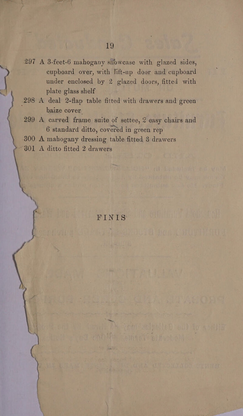 297 A 3-feet-6 mahogany siiowcase with glazed sides, cupboard over, with lift-up door and cupboard under enclosed by 2 glazed doors, fitted with plate glass shelf 298 A deal 2-flap table fitted with drawers and green baize cover, 299 A carved frame suite of settee, 2 easy chairs and 6 standard ditto, covered in green rep 300 A mahogany dressing table fitted 3 drawers 801 A ditto fitted 2 drawers | FINIS