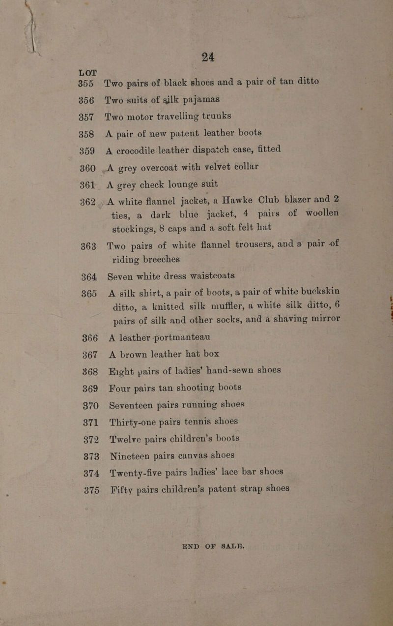 355 356 B57 358 359 360 361 362 363 364 365 366 367 368 369 370 371 372 373 374 375 24 Two pairs of black shoes and a pair of tan ditto Two suits of silk pajamas Two motor travelling trunks A pair of new patent leather boots A crocodile leather dispatch case, fitted A grey overcoat with velvet collar A grey check lounge suit A white flannel jacket, a Hawke Club blazer and 2 ties, a dark blue jacket, 4 pairs of woollen stockings, 8 caps and a soft felt hat Two pairs of white flannel trousers, and a pair -of riding breeches Seven white dress waistcoats A silk shirt, a pair of boots, a pair of white buckskin pairs of silk and other socks, and a shaving mirror A leather -portmanteau A brown leather hat box Hight pairs of ladies’ hand-sewn shoes Four pairs tan shooting boots Seventeen pairs running shoes Thirty-one pairs tennis shoes Twelve pairs children’s boots Nineteen pairs canvas shoes Twenty-five pairs ladies’ lace bar shoes Fifty pairs children’s patent strap shoes END OF SALE.