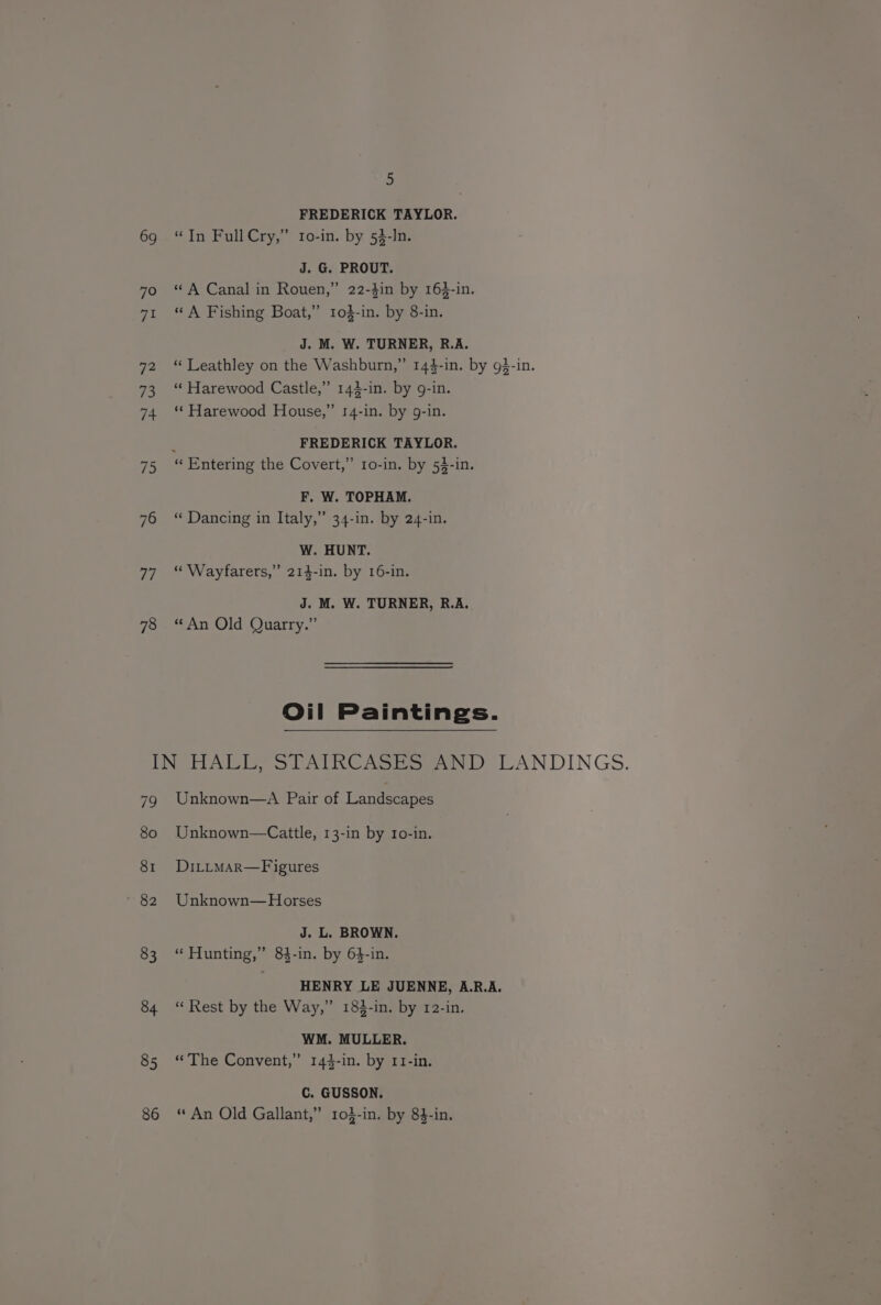 69 70 7 wie 73 74 75 76 77 78 2 FREDERICK TAYLOR. “Tn Full Cry,” ro-in. by 5$-In. J. G. PROUT. “ A Canal in Rouen,” 22-3in by 163-in. “A Fishing Boat,” 103-in. by 8-in. J. M. W. TURNER, R.A. “ Leathley on the Washburn,” 144-in. by g3-in. “ Harewood Castle,” 144-in. by 9-in. “« Harewood House,” 14-in. by g-in. y FREDERICK TAYLOR. “ Entering the Covert,” 10-in. by 54-in. F, W. TOPHAM. “ Dancing in Italy,” 34-in. by 24-in. W. HUNT. “ Wayfarers,” 214-in. by 16-in. J. M. W. TURNER, R.A. “An Old Quarry.” Oil Paintings. 79 80 81 82 83 84 85 86 Unknown—A Pair of Landscapes Unknown—Cattle, 13-in by 1o-in. DILLMAR—Figures Unknown— Horses J. L. BROWN. “Hunting,” 84-in. by 64-in. HENRY LE JUENNE, A.R.A. “Rest by the Way,” 182-in. by 12-in. WM. MULLER. “ The Convent,” 144-in. by 11-in. C. GUSSON. “ An Old Gallant,” 1o3-in. by 84-in.