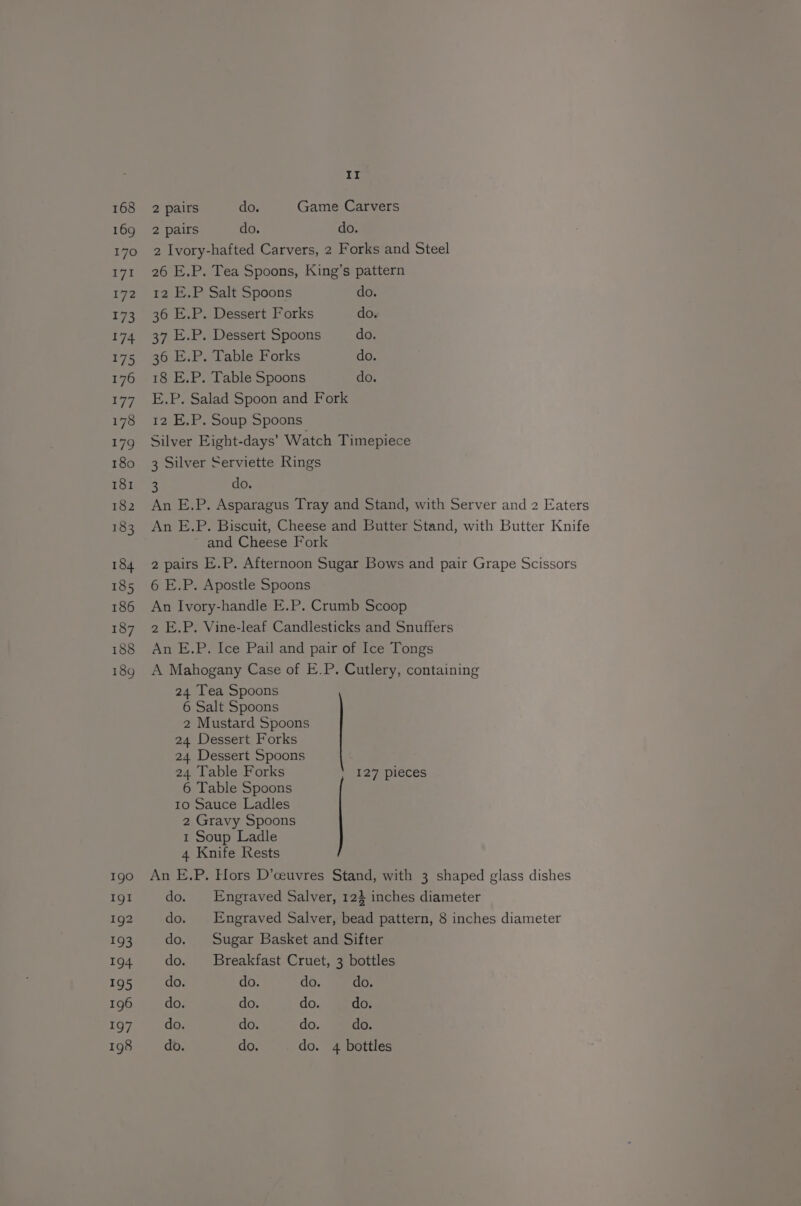 168 169 170 rs 172 173 174 175 176 177 178 179 180 181 182 183 184 185 186 187 188 189 1gO IgI 1g2 193 194 195 196 197 198 II 2 pairs do. Game Carvers 2 pairs do. do. 2 Ivory-hafted Carvers, 2 Forks and Steel 26 E.P. Tea Spoons, King’s pattern 12 E.P Salt Spoons do. 36 E.P. Dessert Forks do. 37 E.P. Dessert Spoons do. 36 E.P. Table Forks do. 18 E.P. Table Spoons do. E.P. Salad Spoon and Fork 12 E.P. Soup Spoons Silver Eight-days’ Watch Timepiece 3 Silver Serviette Rings 3 do. An E.P. Asparagus Tray and Stand, with Server and 2 Eaters An E.P. Biscuit, Cheese and Butter Stand, with Butter Knife and Cheese Fork 2 pairs E.P. Afternoon Sugar Bows and pair Grape Scissors 6 E.P. Apostle Spoons An Ivory-handle E.P. Crumb Scoop 2 E.P. Vine-leaf Candlesticks and Snuffers An E.P. Ice Pail and pair of Ice Tongs A Mahogany Case of E.P. Cutlery, containing 24 Tea Spoons 6 Salt Spoons 2 Mustard Spoons 24 Dessert Forks 24 Dessert Spoons 24 Table Forks 127 pieces 6 Table Spoons 1o Sauce Ladles 2 Gravy Spoons 1 Soup Ladle 4 Knife Rests An E.P. Hors D’ceuvres Stand, with 3 shaped glass dishes do. Engraved Salver, 123 inches diameter do. Engraved Salver, bead pattern, 8 inches diameter do. Sugar Basket and Sifter do. Breakfast Cruet, 3 bottles do. do. do. do. do. do. do. do. do. do. do. do. do. do. do. 4 bottles