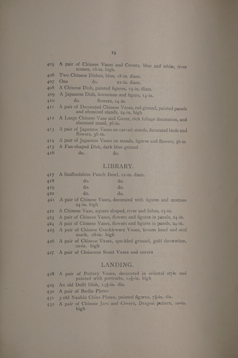 405 406 407 408 409 410 412 413 414 415 416 - 430 431 432 1g A pair = Chinese Vases and Covers, bl oes scenes, 18-in. high. » Dlue and white, river Two Chinese Dishes, blue, 18-in. diam. One — do. 22-in. diam. A Chinese Dish, painted figures, 1 5-in. diam. A Japanese Dish, horseman and figure, T4-in. do. flowers, 14-in. A pair of Decorated Chinese Vases, red ground, painted and ebonized stands, 24-in. heh » painted panels A Large Chinese Vase and Cover, rich foliage decoration, and ebonised stand, 36-in, A pair of Japanese Vases on carved stands, decorated birds and flowers, 36-in. A pair of Japanese Vases on stands, figures and flowers, 3600 A Fan-shaped Dish, dark blue ground do. do. LIBRARY. A Staffordshire Punch Bowl, 12-in. diam. do. do. do. do. do. do. A pair of Chinese Vases, decorated with figures and mottoes 24-in. high A Chinese Vase, square shaped, river and fishes, 23-in. A pair of Chinese Vases, flowers and figures in panels, 24-in. A pair of Chinese Vases, flowers and figures in panels, 24-in. mark, 18-in. high : A pair of Chinese Vases, speckled ground, gold decoration, to-in. high A pair of Cloisonne Scent Vases and covers LANDING. A pair of Pottery Vases, decorated in oriental style and painted with portraits, 14$-in. high An old Delft Dish, 134-in. dia. A pair of Berlin Plates 3 old Nankin China Plates, painted figures, 7}-in. dia. A pair of Chinese Jars and Covers, Dragon pattern, 1o-in. high shee me .