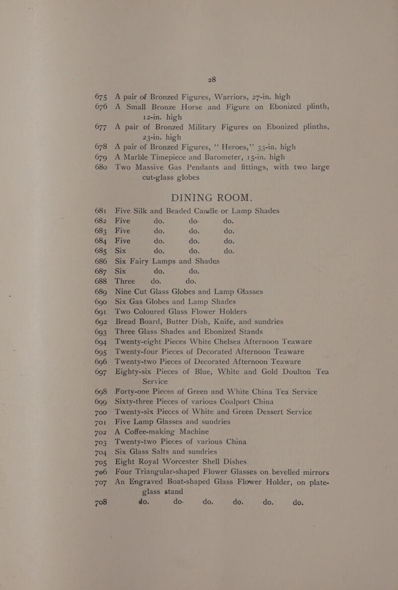 675 676 677 678 679 680 681 682 683 684 685 686 687 688 689 ‘690 691 692 693 694 695 696 697 698 699 700 701 702 793 704 795 706 797 708 28 A pair of Bronzed Figures, Warriors, 27-in. high A Small Bronze Horse and Figure on Ebonized plinth, 12-in. high A pair of Bronzed Military Figures on Ebonized plinths, 23-in. high A pair of Bronzed Figures, ‘‘ Heroes,’’ 33-in. high A Marble Timepiece and Barometer, 15-in. high Two Massive Gas Pendants and fittings, with two large cut-glass globes DINING ROOM. Five Silk and Beaded Candle or Lamp Shades Five do. do- do. Five do. do. do. Five do. do. do. Six do. do. do. Six Fairy Lamps and Shades Six do. do. Three do. do. Nine Cut Glass Globes and Lamp Giasses Six Gas Globes and Lamp Shades Two Coloured Glass Flower Holders Bread Board, Butter Dish, Knife, and sundries Three Glass Shades and Ebonized Stands Twenty-eight Pieces White Chelsea Afternoon Teaware Twenty-four Pieces of Decorated Afternoon Teaware Twenty-two Pieces of Decorated Afternoon Teaware Eighty-six Pieces of Blue, White and Gold Doulton Tea Service Forty-one Pieces of Green and White China Tea Service Sixty-three Pieces of various Coalport China Twenty-six Pieces of White and Green Dessert Service Five Lamp Glasses and sundries A Coffee-making Machine Twenty-two Pieces of various China Six Glass Salts and sundries Eight Royal Worcester Shell Dishes Four Triangular-shaped Flower Glasses on. bevelled mirrors An Engraved Boat-shaped Glass Flower Holder, on plate- glass stand do. do. do. do. do. do.