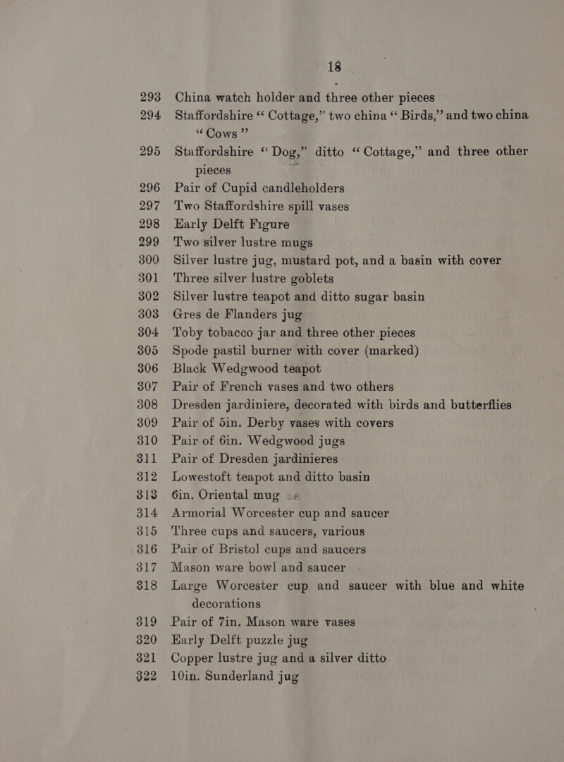 293 294 295 296 297 298 299 300 301 302 303 304 305 306 307 308 309 310 311 312 318 314 315 316 317 318 319 320 b21 322 18 | China watch holder and three other pieces Staffordshire “ Cottage,” two china “ Birds,” and two china ““ Cows ” Staffordshire “ Dog,” ditto “ Cottage,” and three other pieces Pair of Cupid candleholders Two Staffordshire spill vases Harly Delft Figure Two silver lustre mugs Silver lustre jug, mustard pot, and a basin with cover Three silver lustre goblets Silver lustre teapot and ditto sugar basin Gres de Flanders jug Toby tobacco jar and three other pieces Spode pastil burner with cover (marked) Black Wedgwood teapot Pair of French vases and two others Dresden jardiniere, decorated with birds and butterflies Pair of 5in. Derby vases with covers Pair of 6in. Wedgwood jugs Pair of Dresden jardinieres Lowestoft teapot and ditto basin 6in. Oriental mug Armorial Worcester cup and saucer Three cups and saucers, various Pair of Bristol] cups and saucers Mason ware bowl and saucer 2 Large Worcester cup and saucer with blue and white decorations Pair of 7in. Mason ware vases Karly Delft puzzle jug Copper lustre jug and a silver ditto 10in. Sunderland jug