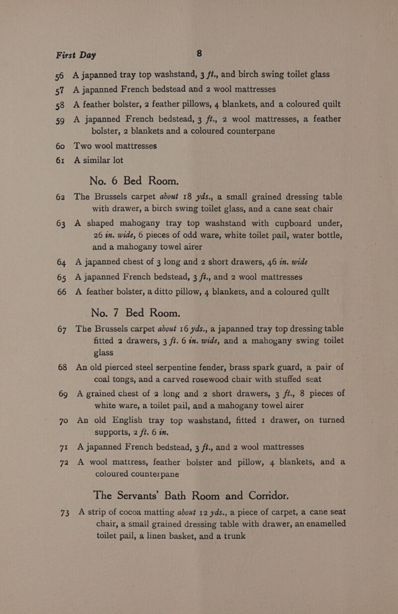 56 57 58 59 60 61 62 63 4 65 66 67 68 69 7° 71 72 73 A japanned tray top washstand, 3 /#., and birch swing toilet glass A japanned French bedstead and 2 wool mattresses A feather bolster, 2 feather pillows, 4 blankets, and a coloured quilt A japanned French bedstead, 3 ft., 2 wool mattresses, a feather bolster, 2 blankets and a coloured counterpane Two wool mattresses A similar lot No. 6 Bed Room. The Brussels carpet about 18 yds., a small grained dressing table with drawer, a birch swing toilet glass, and a cane seat chair A shaped mahogany tray top washstand with cupboard under, 26 in. wide, 6 pieces of odd ware, white toilet pail, water bottle, and a mahogany towel airer A japanned chest of 3 long and 2 short drawers, 46 im. wide A japanned French bedstead, 3 f#., and 2 wool mattresses A feather bolster, a ditto pillow, 4 blankets, and a coloured qullt No. 7 Bed Room. The Brussels carpet about 16 yds., a japanned tray top dressing table fitted 2 drawers, 3 ft. 6 tw. wide, and a mahogany swing toilet glass An old pierced steel serpentine fender, brass spark guard, a pair of coal tongs, and a carved rosewood chair with stuffed seat A grained chest of 2 long and 2 short drawers, 3 ft., 8 pieces of white ware, a toilet pail, and a mahogany towel airer An old English tray top washstand, fitted 1 drawer, on turned supports, 2 ft. 6 in. A japanned French bedstead, 3 f¢., and 2 wool mattresses A wool mattress, feather bolster and pillow, 4 blankets, and a coloured counterpane The Servants’ Bath Room and Corridor. A strip of cocoa matting about 12 yds., a piece of carpet, a cane seat chair, a small grained dressing table with drawer, an enamelled toilet pail, a linen basket, and a trunk