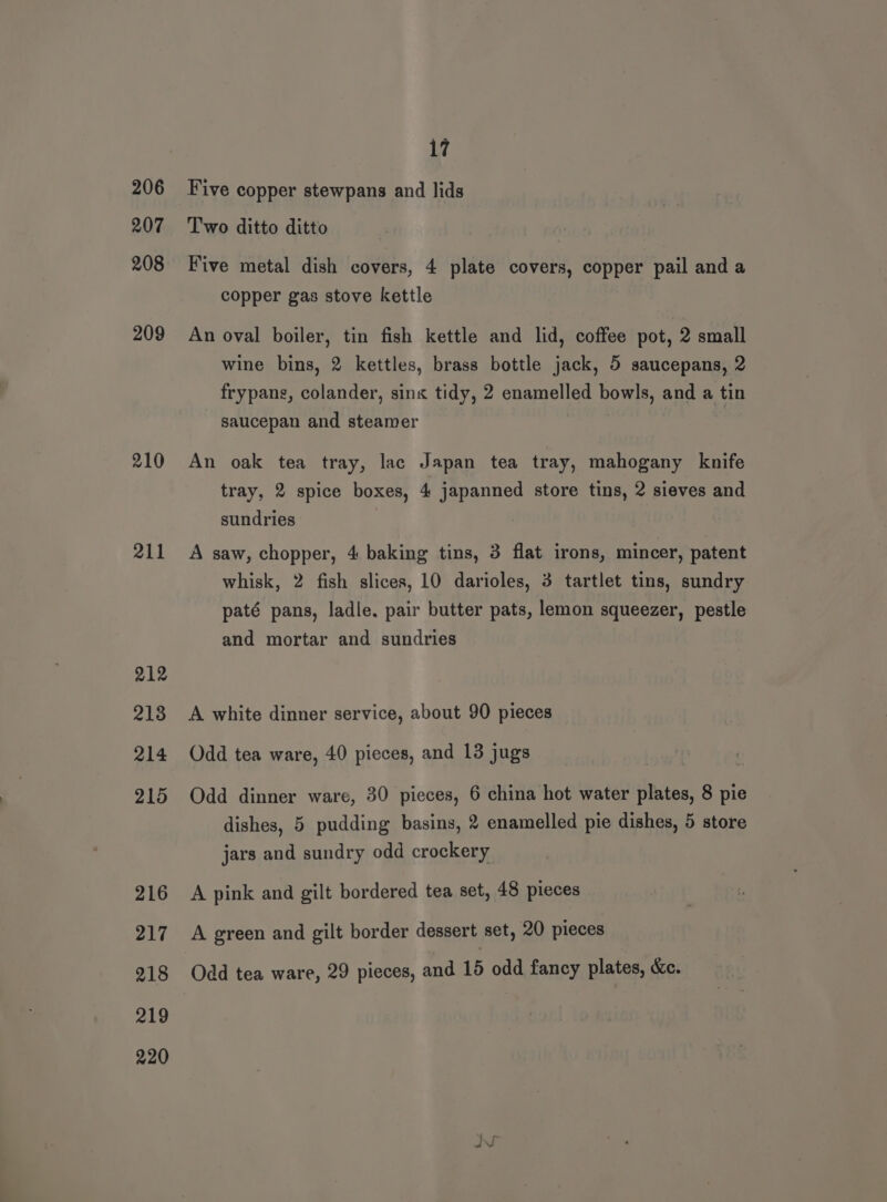 206 207 208 209 210 211 212 213 214 215 216 217 218 219 220 17 Five copper stewpans and lids Two ditto ditto Five metal dish covers, 4 plate covers, copper pail and a copper gas stove kettle An oval boiler, tin fish kettle and lid, coffee pot, 2 small wine bins, 2 kettles, brass bottle jack, 5 saucepans, 2 frypang, colander, sins tidy, 2 enamelled bowls, and a tin saucepan and steamer An oak tea tray, lac Japan tea tray, mahogany knife tray, 2 spice boxes, 4 japanned store tins, 2 sieves and sundries A saw, chopper, 4 baking tins, 3 flat irons, mincer, patent whisk, 2 fish slices, 10 darioles, 3 tartlet tins, sundry paté pans, ladle. pair butter pats, lemon squeezer, pestle and mortar and sundries Odd tea ware, 40 pieces, and 13 jugs Odd dinner ware, 30 pieces, 6 china hot water plates, 8 pie dishes, 5 pudding basins, 2 enamelled pie dishes, 5 store jars and sundry odd crockery A pink and gilt bordered tea set, 48 pieces A green and gilt border dessert set, 20 pieces Odd tea ware, 29 pieces, and 15 odd fancy plates, &amp;c. Oe ic 7