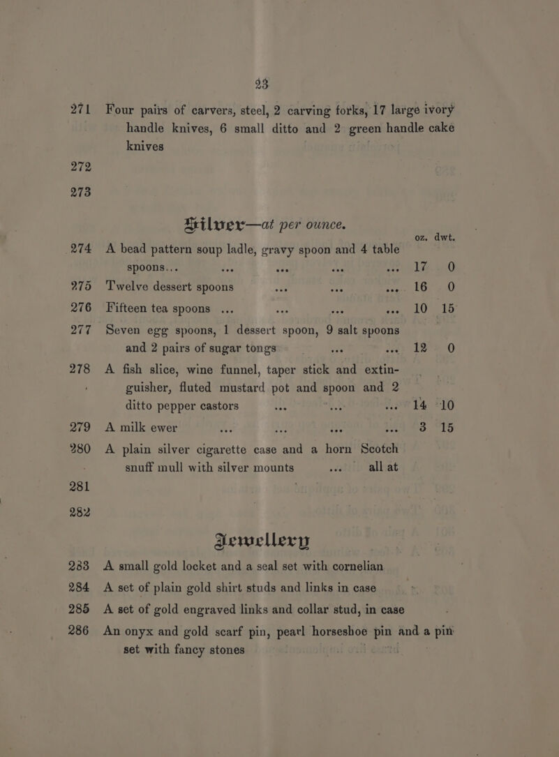 271 272 273 274 279 276 277 278 279 280 281 282 288 284 285 286 23 knives Mrilver—at per ounce. A bead pattern soup ladle, gravy spoon and 4 table spoons... Twelve dessert spoons i Ey “F Fifteen tea spoons ... re tes Le Seven egg spoons, 1 dessert spoon, 9 salt spoons and 2 pairs of sugar tongs A fish slice, wine funnel, taper stick and extin- guisher, fluted mustard pot and pbeag and 2 ditto pepper castors A milk ewer A plain silver cigarette case and a horn Scotch snuff mull with silver mounts . dttily alliat demellery A small gold locket and a seal set with cornelian A set of plain gold shirt studs and links in case A set of gold engraved links and collar stud, in case oz. dwt 120 16 0 10 15 137-0 14 10 3 15 set with fancy stones