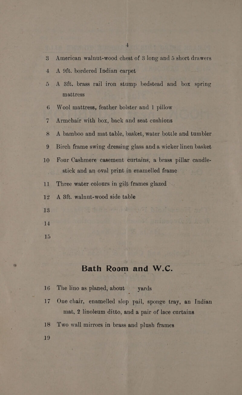 ee) ph 16 17 18 19 4 American walnut-wood chest of 3 long and 5 short drawers A 9ft. bordered Indian carpet A 3ft. brass rail iron stump bedstead and box spring mattress Wool mattress, feather bolster and 1 pillow Armchair with box, back and seat cushions A harriers and mat table, basket, water bottle and tumbler Birch frame swing dressing glass and a wicker linen basket Four Cashmere casement curtains, a brass pillar candle- stick and an oval print in enamelled frame Three water colours in gilt frames glazed A 8ft. walnut-wood side table Bath Room and W.C. The lino as planed, about yards One chair, enamelled slop pail, sponge tray, an Indian mat, 2 linoleum ditto, and a pair of lace curtains Two wall mirrors in brass and plush frames