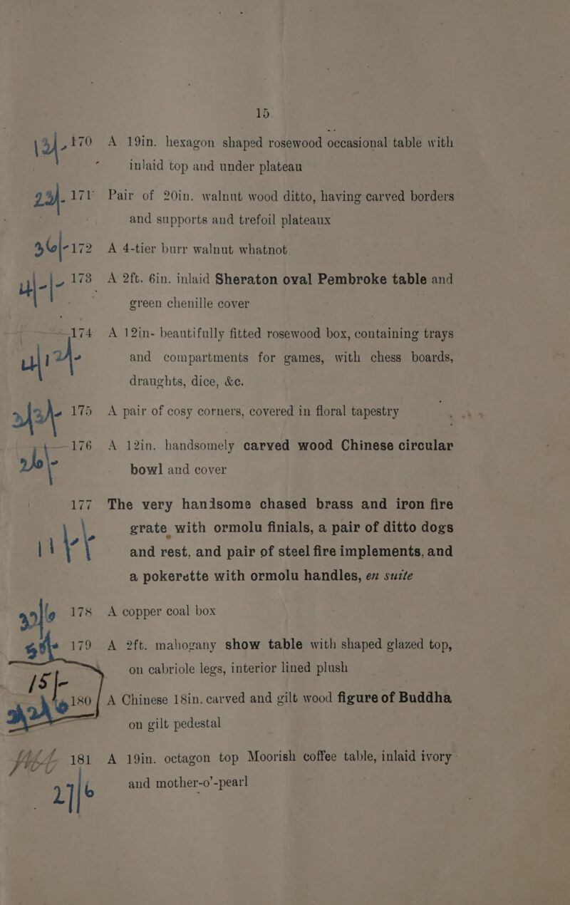 l 4 170 A 19in. hexagon shaped rosewood occasional table with inlaid top and under plateau Pair of 20in. walnut wood ditto, having carved borders and supports and trefoil plateaux A 4-tier burr walnut whatnot A 2ft. 6in. inlaid Sheraton oval Pembroke table and green chenille cover A 12in- beautifully fitted rosewood box, containing trays and compartments for games, with chess boards, drauchts, dice, &amp;c. A pair of cosy corners, covered in floral tapestry A 12in. handsomely carved wood Chinese circular bowl and cover The very hanisome chased brass and iron fire grate with ormolu finials, a pair of ditto dogs and rest, and pair of steel fire implements, and a pokerette with ormolu handles, ev suz¢e A copper coal box A 2ft. mahogany show table with shaped glazed top, on cabriole legs, interior lined plush A Chinese 18in. carved and gilt wood figure of Buddha on gilt pedestal (iY, £ 181 A 19in. octagon top Moorish coffee table, inlaid ivory le and mother-o’-pearl