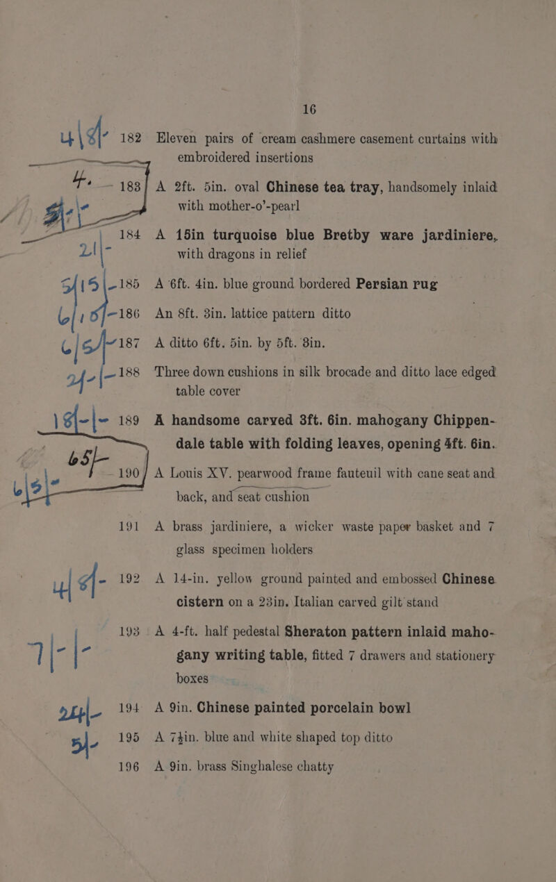 Eleven pairs of cream cashmere casement curtains with embroidered insertions A 2ft. 5in. oval Chinese tea tray, handsomely inlaid with mother-o’-pearl A 15in turquoise blue Bretby ware jardiniere, with dragons in relief SJ{S\-185 A 6ft. 4in. blue ground bordered Persian rug -186 An 8ft. 3in. lattice pattern ditto ( [spas A ditt Gite bin. Ry She Bin: | an |- 188 ‘Three down cushions in silk brocade and ditto lace edged table cover Arlee, A handsome carved 38ft. 6in. mahogany Chippen- ' 5 dale table with folding leaves, opening 4ft. 6in. a=a.e es Fs — back, and seat cushion 191 <A brass jardiniere, a wicker waste paper basket and 7 glass specimen holders uu 4- 192. A ]4-in. yellow ground painted and embossed Chinese cistern on a 23in. Italian carved gilt stand 193 A 4-ft. half pedestal Sheraton pattern inlaid maho- | - \- gany writing table, fitted 7 drawers and stationery boxes 2+ _ 194 A Qin. Chinese painted porcelain bow] 5I- 195 <A 7#in. blue and white shaped top ditto 196 A Qin. brass Singhalese chatty