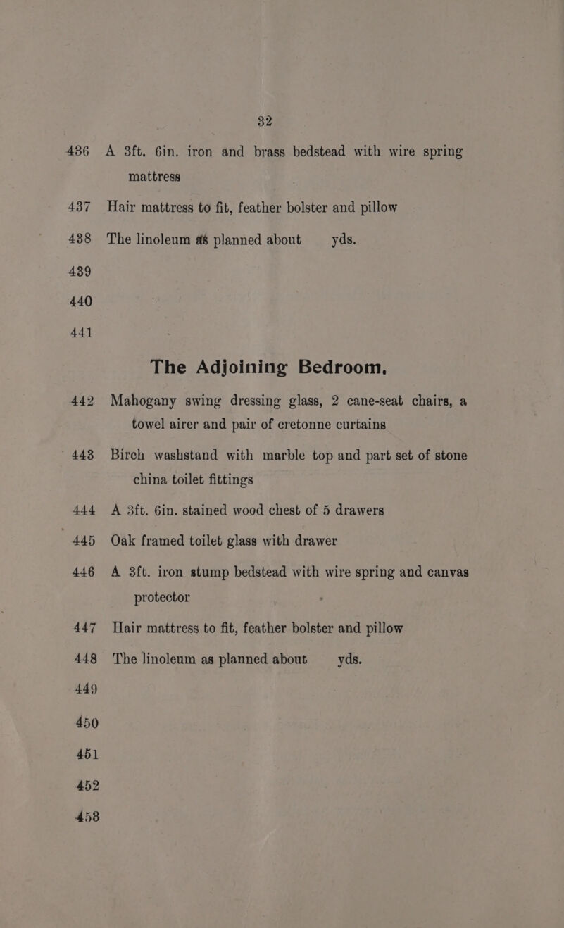 436 A 3ft. 6in. iron and brass bedstead with wire spring mattress 437 Hair mattress to fit, feather bolster and pillow 438 The linoleum #8 planned about yds. 439 440 441 The Adjoining Bedroom. 442 Mahogany swing dressing glass, 2 cane-seat chairs, a towel airer and pair of cretonne curtains 443 Birch washstand with marble top and part set of stone china toilet fittings 444 A 3ft. 6in. stained wood chest of 5 drawers 445 Oak framed toilet glass with drawer 446 A 3ft. iron stump bedstead with wire spring and canvas protector 447 Hair mattress to fit, feather bolster and pillow 448 The linoleum as planned about _—yds.