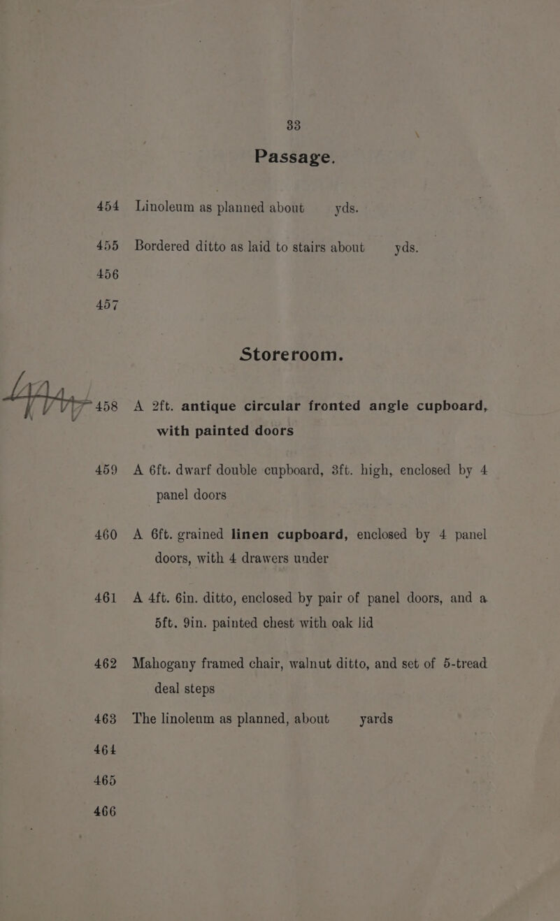 Passage. 454 Linoleum as planned about yds. 455 Bordered ditto as laid to stairs about yds. Storeroom. “458 <A 2ft. antique circular fronted angle cupboard, with painted doors 459 <A 6ft. dwarf double cupboard, 3ft. high, enclosed by 4 panel doors 460 A 6ft. grained linen cupboard, enclosed by 4 panel doors, with 4 drawers under 461 A 4ft. 6in. ditto, enclosed by pair of panel doors, and a 5ft. Yin. painted chest with oak lid 462 Mahogany framed chair, walnut ditto, and set of 5-tread deal steps 463 The linolenm as planned, about yards 464 465 466