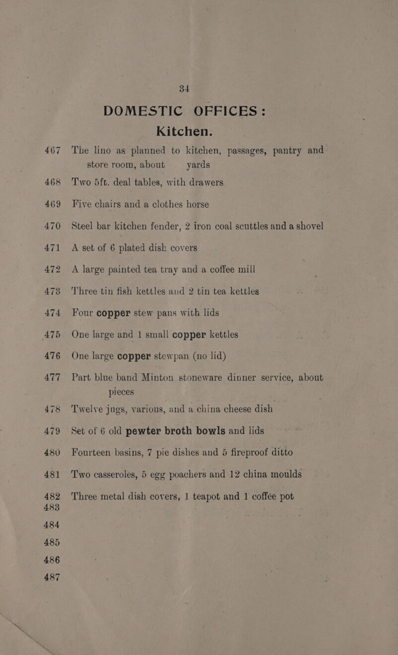 DOMESTIC OFFICES: Kitchen. The lino as planned to kitchen, passages, pantry and store room, about yards Two 5ft. deal tables, with drawers Five chairs and a clothes horse Steel bar kitchen fender, 2 iron coal scuttles and a shovel A set of 6 lated disk covers A large painted tea tray and a coffee mill Three tin fish kettles aud 2 tin tea kettles Four copper stew pans with lids One large and 1 small copper kettles One large copper stewpan (no lid) Part blue band Minton stoneware dinner service, about pieces Twelve jugs, various, and a china cheese dish Set of 6 old pewter broth bowls and lids Fourteen basins, 7 pie dishes and 4 fireproof ditto Two casseroles, 5 egg poachers and 12 china moulds Three metal dish covers, 1 teapot and 1 coffee pot