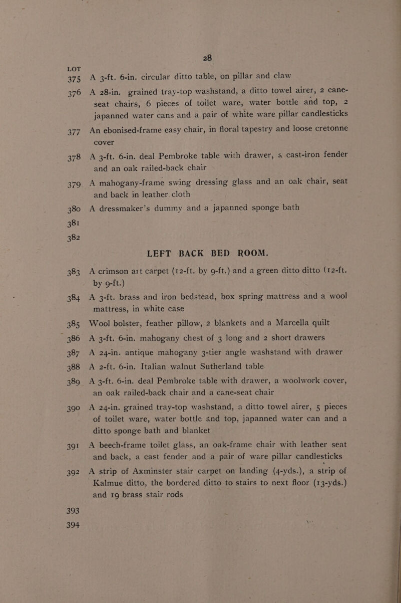 375 383 384 385 ~ 386 387 388 389 Su8 Sot er 398 394 28 A 3-ft. 6-in. circular ditto table, on pillar and claw A 28-in. grained tray-top washstand, a ditto towel airer, 2 cane- seat chairs, 6 pieces of toilet ware, water bottle and top, 2 japanned water cans and a pair of white ware pillar candlesticks An ebonised-frame easy chair, in floral tapestry and loose cretonne cover A 3-ft. 6-in. deal Pembroke table with drawer, a cast-iron fender and an oak railed-back chair A mahogany-frame swing dressing glass and an oak chair, seat and back in leather. cloth A dressmaker’s dummy and a japanned sponge bath LEFT BACK BED ROOM. A crimson art carpet (12-ft. by 9-ft.) and a green ditto ditto (12-ft. by 9-ft.) A 3-ft. brass and iron bedstead, box spring mattress and a wool mattress, in white case Wool bolster, feather pillow, 2 blankets and a Marcella quilt A 3-ft. 6-in. mahogany chest of 3 long and 2 short drawers A 24-in. antique mahogany 3-tier angle washstand with drawer A 2-ft. 6-in. Italian walnut Sutherland table. A 3-ft. 6-in. deal Pembroke table with drawer, a woolwork cover, an oak railed-back chair and a cane-seat chair A 24-in. grained tray-top washstand, a ditto towel airer, 5 pieces of toilet ware, water bottle and top, japanned water can and a ditto sponge bath and blanket A beech-frame toilet glass, an oak-frame chair with leather seat and back, a cast fender and a pair of ware pillar candlesticks A strip of Axminster stair carpet on landing (4-yds.), a strip of -Kalmue ditto, the bordered ditto to stairs to next floor (13-yds.) and 19 brass stair rods