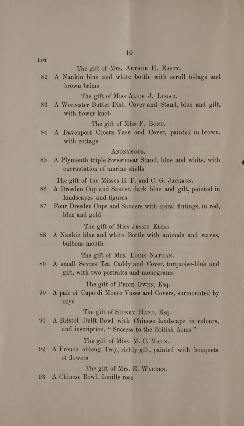 S2 83 34 CO ~t 88 90 91 92 93 10 The gift of Mrs. Anraur H. Hasry. A Nankin blue and white bottle with scroll foliage and brown brims The gift of Miss Atice J. Luaar. A Worcester Butter Dish, Cover and Stand, blue and gilt, with flower knob The gift of Miss F. Bonn. A Davenport Crocus Vase and Cover, painted in brown, with cottage ANONYMOUS. A Plymouth triple Sweetmeat Stand, blue and white, with encrustation of marine shells The gift of the Misses E. F. and C. G. Jackson. § A Dresden Cup and Saucer, dark blne and gilt, painted in landscapes and figures Four Dresden Cups and Saucers with spiral flutings, in red, blue and gold The gift of Miss Jussiz Hutas. A Nankin blue and white Bottle with animals and waves, bulbous mouth The gift of Mrs. Louis NarHay. A small Sévres Tea Caddy and Cover, turquoise-blue and gilt, with two portraits and monograms The gift of Price Owen, Esq. A pair of Capo di Monte Vases and Covers, surmounted by boys The gift of Sipney Hanp, Esq. A Bristol Delft Bowl with Chinese landscape in colours, and inscription, “ Success to the British Arms ” The gift of Miss. M. C. Maun. A French oblong Tray, richly gilt, painted with bouquets of flowers The gift of Mrs. E. Warren. A Chinese Bowl, famille rose