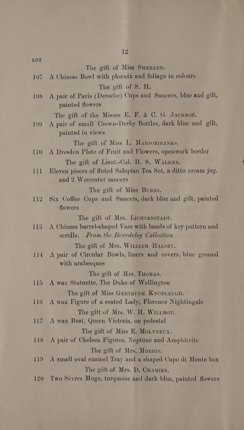 107 108 109 110 113 114 12 The gift of Miss SHERARD. A Chinese Bowl with phcenix and foliage in colours The gift of 8. H. A pair of Paris (Deroche) Cups and Saucers, blue and gilt, painted flowers The gift of the Misses H. F. &amp; C. G. Jackson. A pair of small’ Crown-Derby Bottles, dark blue and_ gilt, painted in views The gift of Miss L. Marsonipanks. A Dresden Plate of Fruit and Flowers, openwork border The gift of Lieut.-Col. H. 8S. Waker. Eleven pieces of fluted Salopian Tea Set, a ditto cream jug, and 2 Worcester saucers The gift of Miss Burns. Six Coffee Cups and Saucers, dark blue and gilt, painted flowers The gift of Mrs. Licurenstrapr. A Chinese barrel-shaped Vase with bands of key pattern and scrolls. From the Beurdeley Collection The gift of Mrs. Witttam HALsey. A pair of Circular Bowls, liners and covers, blue ground with arabesques The gift of Mrs. THomas. A wax Ntatuette, The Duke of Wellington The gift of Miss GerrrupE KNoBLAUGH. A wax Figure of a seated Lady, Florence Nightingale The gift of Mrs. W. H. Wittmor. A wax Bust, Queen Victoria, on pedestal The gift of Miss HE. Motyneux. A pair of Chelsea Figures, Neptune and Amphitrite The gift of Mrs. Morris. A small oval enamel Tray and a shaped Capo di Monte box The gift of Mrs. D. CHAmrEr. Two Sevres Mugs, turquoise and dark blue, painted flowers