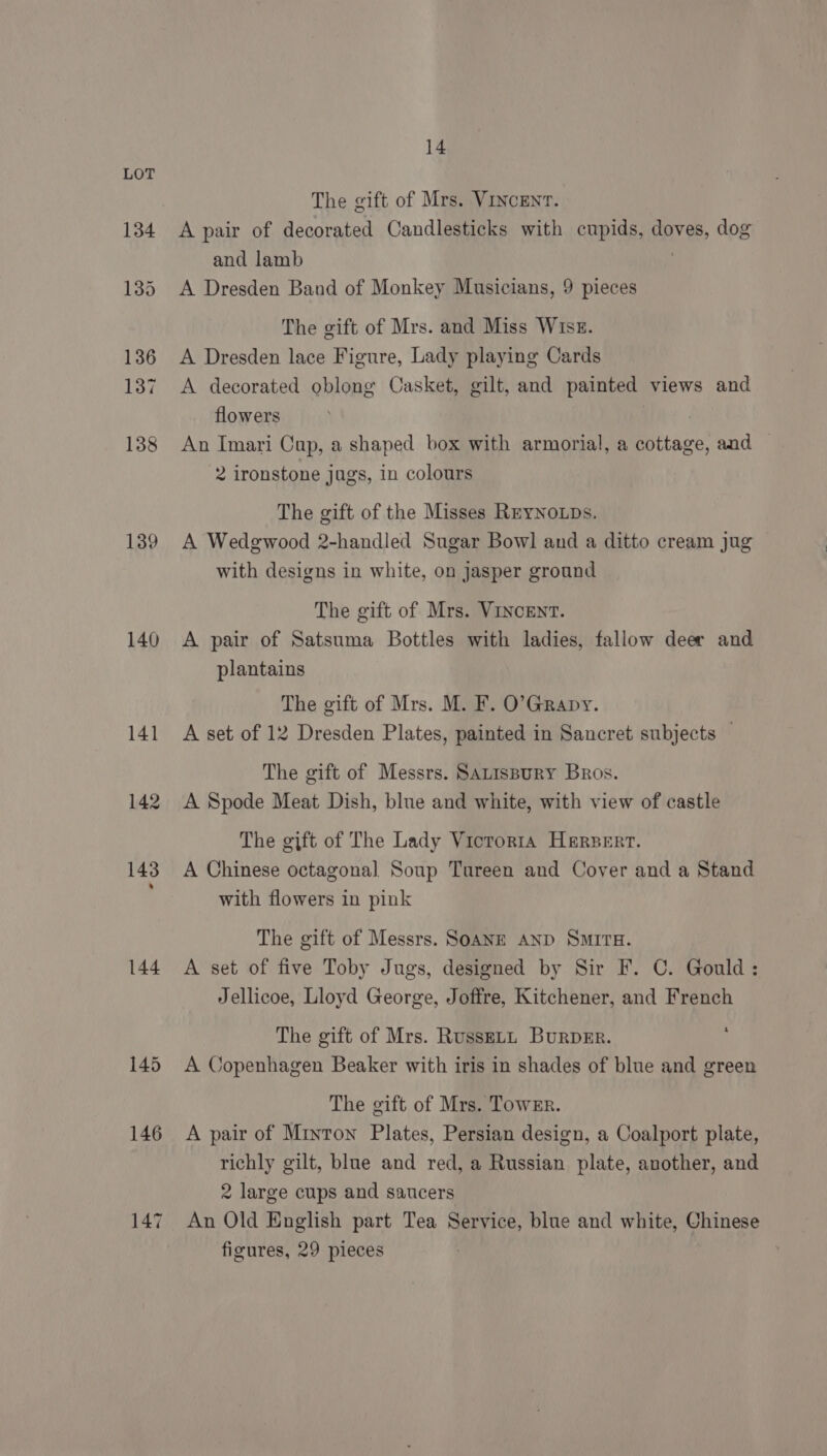 140 141 142 143 144 145 146 147 14 The gift of Mrs. Vincent. A pair of decorated Candlesticks with cupids, doves, dog and lamb A Dresden Band of Monkey Musicians, 9 pieces The gift of Mrs. and Miss Wise. A Dresden lace Figure, Lady playing Cards A decorated oblong Casket, gilt, and painted views and flowers : An Imari Cup, a shaped box with armorial, a cottage, and — 2 ironstone jugs, in colours The gift of the Misses ReyNoups. A Wedgewood 2-handled Sugar Bowl and a ditto cream jug with designs in white, on jasper ground The gift of Mrs. Vincent. A pair of Satsuma Bottles with ladies, fallow deer and plantains The gift of Mrs. M. F. O’Grapy. A set of 12 Dresden Plates, painted in Sancret subjects — The gift of Messrs. Satispury Bros. A Spode Meat Dish, blue and white, with view of castle The gift of The Lady Vicrorta Hersert. A Chinese octagonal Soup Tureen and Cover and a Stand with flowers in pink The gift of Messrs. SOANE AND SMITH. A set of five Toby Jugs, designed by Sir F. C. Gould: Jellicoe, Lloyd George, Joffre, Kitchener, and French The gift of Mrs. Russert Burper. ; A Copenhagen Beaker with iris in shades of blue and green The gift of Mrs. Tower. A pair of Minton Plates, Persian design, a Coalport plate, richly gilt, blue and red, a Russian plate, another, and 2 large cups and saucers An Old English part Tea Service, blue and white, Chinese figures, 29 pieces