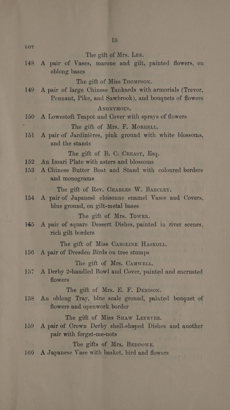 148 160 15 The gift of Mrs. Lis. A pair of Vases, marone and gilt, painted flowers, on oblong bases The gift of Miss THompson. A pair of large Chinese Tankards with armorials (Trevor, Pennant, Pike, and Sawbrook), and bouquets of flowers ANONYMOUS. A Lowestoft Teapot and Cover with sprays of flowers The gift of Mrs. F. Morre tt. A pair of Jardiniéres, pink ground with white blossoms, and the stands The gift of B. C. Creasy, Esq. An Imari Plate with asters and blossoms A Chinese Butter Boat and Stand with coloured borders and monograms The gift of Rev. Cuartes W. Barcury. A pair of Japanesé cloisonne enamel Vases and Covers, blue ground, on gilt-metal bases The gift of Mrs. Towmr. A pair of square Dessert Dishes, painted in river scenes, rich gilt borders The gift of Miss Caronine Hasko.t. A pair of Dresden Birds on tree stumps | The gift of Mrs. CamweELu. A Derby 2-handled Bowl and Cover, painted and encrusted flowers The gift of Mrs. E. F. Denison. An oblong Tray, blue scale ground, painted bouquet of flowers and openwork border The gift of Miss Saaw LrErrvre. A pair of Crown Derby shell-shaped Dishes and another pair with forget-me-nots The gifts of Mrs. Brppowe. A Japanese Vase with basket, bird and flowers