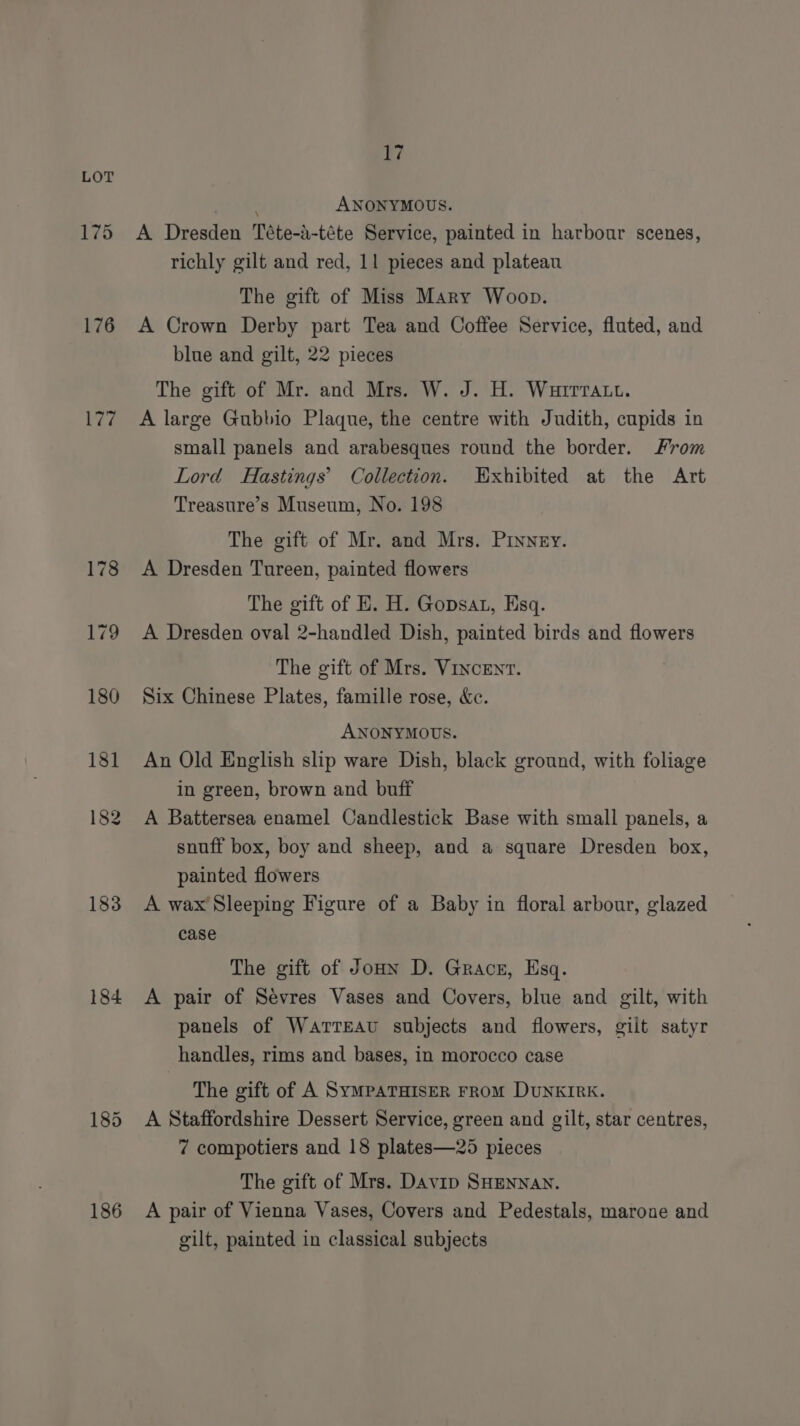 176 177 182 183 184 186 17 ANONYMOUS. A Dresden Téte-a-téte Service, painted in harbour scenes, richly gilt and red, 11 pieces and plateau The gift of Miss Mary Woop. A Crown Derby part Tea and Coffee Service, fluted, and blue and gilt, 22 pieces The gift of Mr. and Mrs. W. J. H. Wurrratu. A large Gubbio Plaque, the centre with Judith, cupids in small panels and arabesques round the border. From Lord Hastings’ Collection. Exhibited at the Art Treasure’s Museum, No. 198 The gift of Mr. and Mrs. Pryney. A Dresden Tureen, painted flowers The gift of E. H. Gopsat, Esq. A Dresden oval 2-handled Dish, painted birds and flowers The gift of Mrs. Vincent. Six Chinese Plates, famille rose, &amp;c. ANONYMOUS. An Old English slip ware Dish, black ground, with foliage in green, brown and buff A Battersea enamel Candlestick Base with small panels, a snuff box, boy and sheep, and a square Dresden box, painted flowers A wax Sleeping Figure of a Baby in floral arbour, glazed case The gift of Jonn D. Grace, Esq. A pair of Sevres Vases and Covers, blue and gilt, with panels of WarrEau subjects and flowers, gilt satyr handles, rims and bases, in morocco case The gift of A SyMPATHISER FROM DUNKIRK. A Staffordshire Dessert Service, green and gilt, star centres, 7 compotiers and 18 plates—25 pieces The gift of Mrs. Davip SHENNAN. A pair of Vienna Vases, Covers and Pedestals, marone and gilt, painted in classical subjects