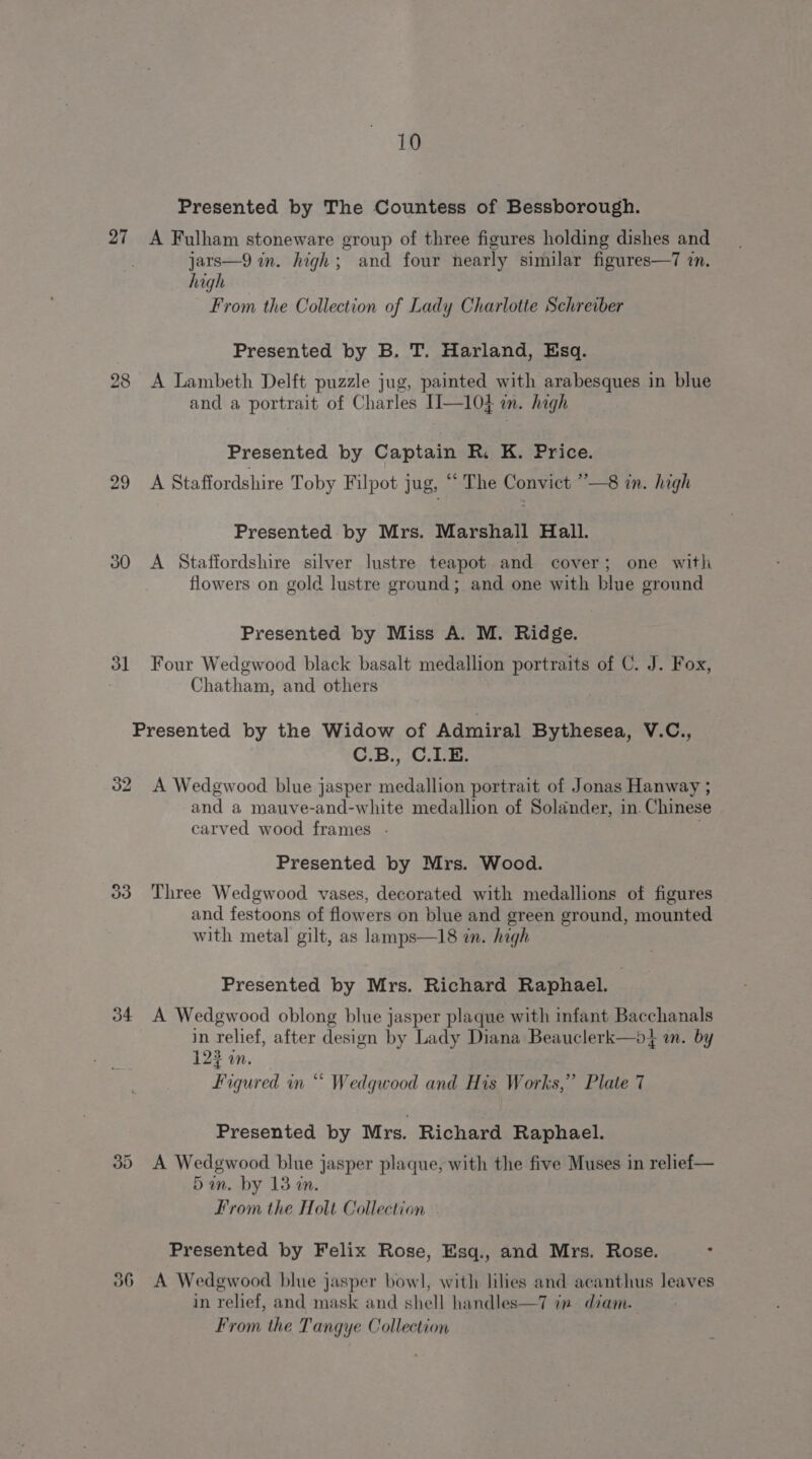 27 dl J2 34 10 Presented by The Countess of Bessborough. A Fulham stoneware group of three figures holding dishes and jars—9 in. high; and four nearly similar figures—7 in. high From the Collection of Lady Charlotte Schreiber Presented by B. T. Harland, Esq. A Lambeth Delft puzzle jug, painted with arabesques in blue and a portrait of Charles II—104 im. high Presented by Captain R. K. Price. A Staffordshire Toby Filpot jug, “ The Convict ”—8 in. high Presented by Mrs. Marshall Hall. A Staffordshire silver lustre teapot and cover; one with flowers on gold lustre ground; and one with blue ground Presented by Miss A. M. Ridge. Four Wedgwood black basalt medallion portraits of C. J. Fox, Chatham, and others C.B., C.LE. A Wedgwood blue jasper medallion portrait of Jonas Hanway ; and a mauve-and-white medallion of Solander, in. Chinese carved wood frames . Presented by Mrs. Wood. Three Wedgwood vases, decorated with medallions of figures and festoons of flowers on blue and green ground, mounted with metal gilt, as lamps—18 zn. high Presented by Mrs. Richard Raphael. 3 A Wedgwood oblong blue jasper plaque with infant Bacchanals in relief, after design by Lady Diana Beauclerk—b} m. by 123 on. Figured in “ Wedgwood and His Works,” Plate 7 Presented by Mrs. Richard Raphael. A Wedgwood blue jasper plaque, with the five Muses in relief— 5am. by 13 an. From the Holt Collection Presented by Felix Rose, Esq., and Mrs. Rose. : A Wedgwood blue jasper bowl, with lilies and acanthus leaves in relief, and mask and shell handles—7 in diam. From the Tangye Collection