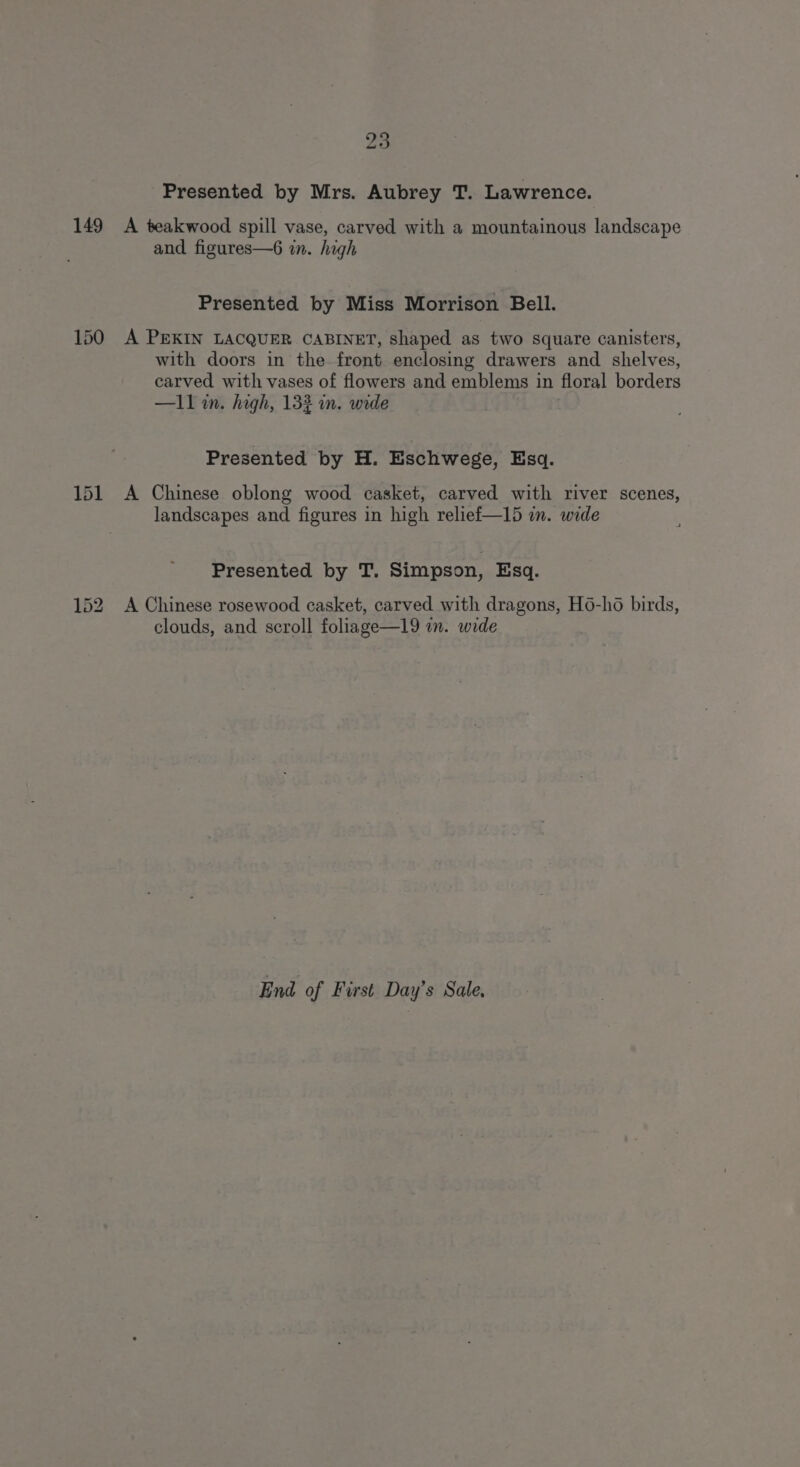 Presented by Mrs. Aubrey T. Lawrence. 149 A teakwood spill vase, carved with a mountainous landscape and figures—6 in. high Presented by Miss Morrison Bell. 150 A PEKIN LACQUER CABINET, shaped as two square canisters, with doors in the front enclosing drawers and shelves, carved with vases of flowers and emblems in floral borders —l1 in. high, 132 in. wide Presented by H. Eschwege, Esq. 151 A Chinese oblong wood casket, carved with river scenes, landscapes and figures in high relief—15 in. wide Presented by T. Simpson, Esq. 152 A Chinese rosewood casket, carved with dragons, H6-h6 birds, clouds, and scroll foliage—19 in. wide End of First Day’s Sale,