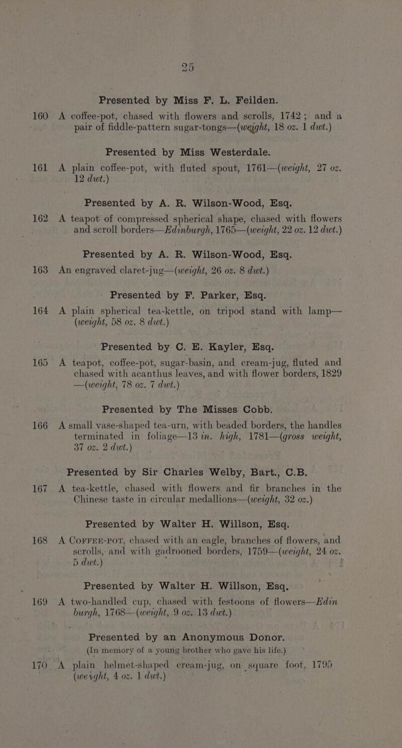 160 161 162 163 164 166 167 168 169 170 Presented by Miss F. L. Feilden. A coffee-pot, chased with flowers and scrolls, 1742; and a pair of fiddle-pattern sugar-tongs—(wegght, 18 oz. 1 dut.) Presented by Miss Westerdale. A plain coffee-pot, with fluted spout, 1761—(wezght, 27 oz. 12 dut.) Presented by A. R. Wilson-Wood, Esq. A teapot of compressed spherical shape, chased with flowers and scroll borders—Hdinburgh, 1765—(weaght, 22 oz. 12 dwt.) Presented by A. R. Wilson-Wood, Esq. An engraved claret-jug—(weight, 26 oz. 8 dwt.) Presented by F. Parker, Esq. A plain spherical tea-kettle, on tripod stand with lamp— (weight, 58 oz. 8 dwt.) Presented by C. E. Kayler, Esq. A teapot, coffee-pot, sugar-basin, and cream-jug, fluted and chased with acanthus leaves, and with flower borders, 1829 —(weight, T8 oz. 7 dwt.) Presented by The Misses Cobb. A small vase-shaped tea-urn, with beaded borders, the handles terminated in foliage—l3 m. high, 1781—(gross weight, 37 oz. 2 dut.) Presented by Sir Charles Welby, Bart., C.B. A tea-kettle, chased with flowers and fir branches in the Chinese taste in circular medallions—(werght, 32 oz.) Presented by Walter H. Willson, Esq. A CorFrre-porT, chased with an eagle, branches of flowers, and scrolls, and with gadrooned borders, 1759—(weight, 24 02. 5 dut.) : Presented by Walter H. Willson, Esq. A two-handled cup, chased with burgh, 1768—(weight, 9 oz. 13 dwt.) Presented by an Anonymous Donor. (In memory of a young brother who gave his life.) A plain helmet-shaped cream-jug, on square foot, 179)