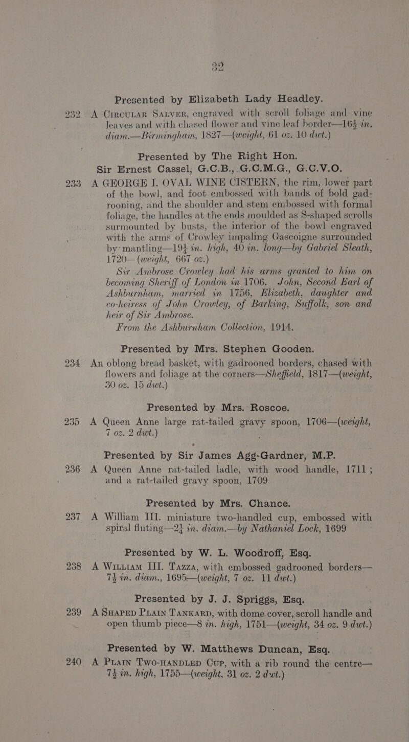 » Boe Co bo Presented by Elizabeth Lady Headley. leaves and with chased flower and vine leaf horder—16$ a, diam.—Birmingham, 1827—(weight, 61 oz. 10 dwt.) Presented by The Right Hon. 236 237 238 239 240 of the bowl, and foot embossed with bands of bold gad- rooning, and the shoulder and stem embossed with formal foliage, the handles at the ends moulded as S-shaped scrolls surmounted by busts, the interior of the bowl engraved with the arms of Crowley impaling Gascoigne surrounded by: mantling—194 in. high, 40 in. long—by Gabriel Sleath, 1720 —(weight, 667 02.) Sir Ambrose Crowley had his arms granted to him on becoming Sheriff of London mm 1706. John, Second Earl of Ashburnham, married im 1756, Elizabeth, daughter and co-heiress of John Crowley, of Barking, Suffolk, son and heir of Sir Ambrose. From the Ashburnham Collection, 1914. Presented by Mrs. Stephen Gooden. flowers and foliage at the corners—Sheffield, 1817—(werght, 30 oz. 15 dut.) Presented by Mrs. Roscoe. 7 oz. 2 dwt.) Presented by Sir James Agg-Gardner, M.P. and a rat-tailed gravy spoon, 1709 Presented by Mrs. Chance. spiral fluting—2} in. diam.—by Nathaniel Lock, 1699 Presented by W. L. Woodroff, Esq. 73 un. diam., 1695—(werght, 7 oz. 11 dwt.) Presented by J. J. Spriggs, Esq. open thumb piece—8 in. high, 1751—(weaght, 34 oz. 9 dwt.) Presented by W. Matthews Duncan, Esq. 73 Mm. high, 1755—(weight, 31 oz. 2 dwt.)