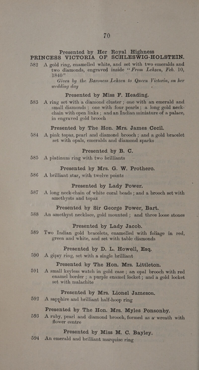 Presented by Her Royal Highness 582 583 584 587 588 589 594 A gold ring, enamelled white, and set with two emeralds and two diamonds, engraved inside “ From Lehzen, Feb. 10, 1840” Given by the Baroness Lehzen to Queen Vietoria, on her wedding day Presented by Miss F. Heading. A ring set with a diamond cluster ; one with an emerald and small diamonds ; one with four pearls; a long gold neck- chain with open links ; and an Indian miniature of a palace, in engraved gold brooch Presented by The Hon. Mrs. James Cecil. A pink topaz, pearl and diamond brooch ; and a gold bracelet set with opals, emeralds and diamond sparks Presented by B. C. A platinum ring with two brilliants Presented by Mrs. G. W. Prothero. A brilliant star, with twelve points Presented by Lady Power. A long neck-chain of white coral beads ; and a brooch set with amethysts and topaz Presented by Sir George Power, Bart. An amethyst necklace, gold mounted ; and three loose stones Presented by Lady Jacob. Two Indian gold bracelets, enamelled with foliage in red, green and as and set with table diamonds Presented by D. L. Howell, Esq. A. gipsy ring, set with a single brilliant Presented by The Hon. Mrs. Littleton. A small keyless watch in gold case ; an opal brooch with red enamel border ; a pur ple enamel locket ; and a gold locket set with malachite Presented by Mrs. Lionel Jameson. A sapphire and brilliant half-hoop ring Presented by The Hon. Mrs. Myles Ponsonby. A ruby, pearl and diamond brooch, formed as a: wreath with flower centre : Presented by Miss M. C. Bayley. An emerald and brilliant marquise ring