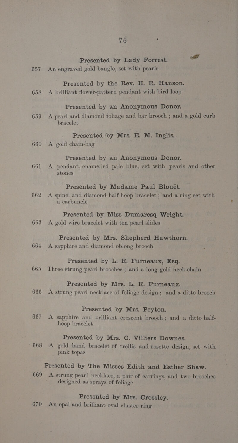 657 658 660 661 662 663 664 667 - 668 669 670 a iat : Presented by Lady Forrest. An engraved gold bangle, set, with pearls Presented by the Rev. H. R. Hanson. A brilliant flower-pattern pendant with bird loop Presented by an Anonymous Donor. A pearl and. diamond foliage and bar brooch ; and a gold curb bracelet Presented by Mrs. E. M. Inglis. . A gold chain-bag Presented by an Anonymous Donor. A pendant, enamelled pale blue, set with pearls and other stones Presented by Madame Paul Blouét. A spinel and diamond half-hoop bracelet ; and a ring set with a carbuncle Presented by Miss Dumaresq Wright. A gold wire bracelet with ten pear] slides Presented by Mrs. Shepherd Hawthorn. A sapphire and diamond oblong brooch Presented by L. R. Furneaux, Esq. Three strung pearl brooches ; and a long gold neck-chain Presented by Mrs. L. R. Furneaux. A. strung pearl necklace of foliage design; and a ditto brooch Presented by Mrs. Peyton. A sapphire and brilliant crescent brooch; and a ditto half- hoop bracelet Presented by Mrs. C. Villiers Downes. A gold band bracelet of trellis and rosette design, set with pink topaz A strung pearl necklace, a pair of earrings, and two brooches designed as sprays of foliage Presented by Mrs. Crossley. An opal and brilliant oval cluster ring