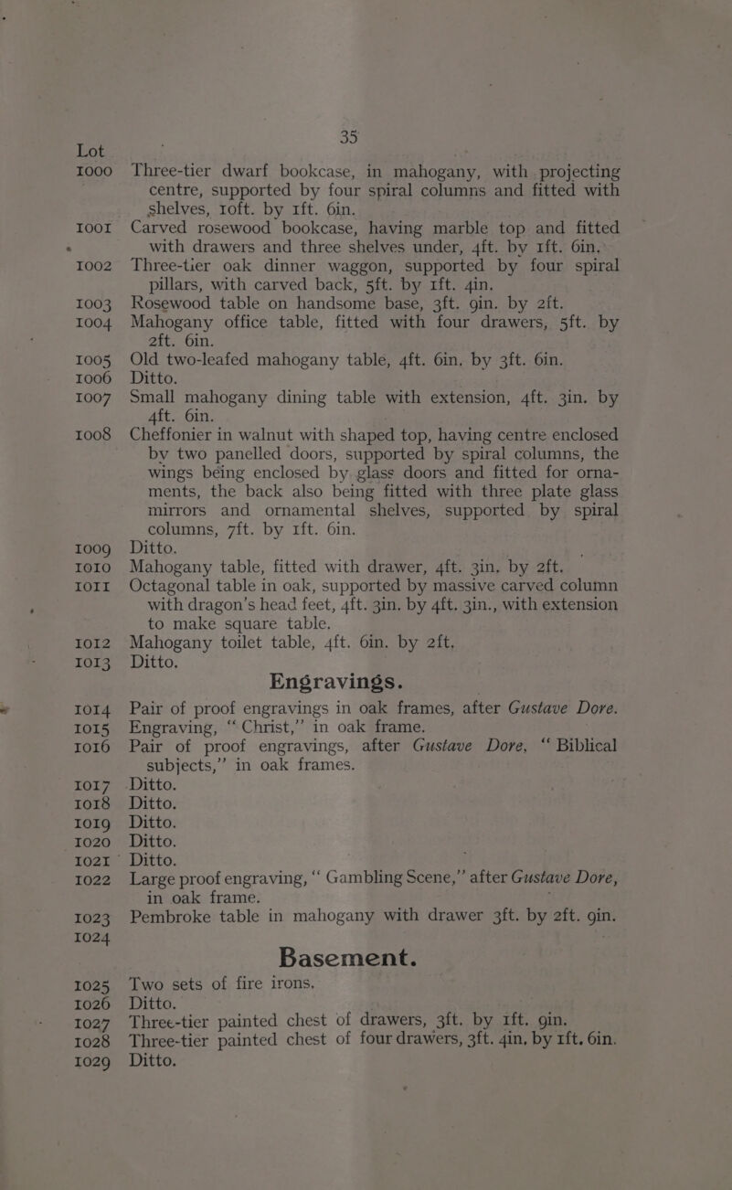 I000 IOOL I002 1003 1004 1005 1006 1007 1008 1009 IOIO IOI 1012 1013 IOI4 IOI5 IOI6 1017 rors 101g 1020 I022 1023 1024 1025 1026 1027 1028 1029 35 Three-tier dwarf bookcase, in mahogany, with . projecting centre, supported by four spiral columns and fitted with shelves, roft. by 1ft. 6in. Carved rosewood bookcase, having marble top and fitted with drawers and three shelves under, 4ft. by 1ft. 6in. Three-tier oak dinner waggon, supported by four spiral pillars, with carved back, 5ft. by rft. 4in. Rosewood table on handsome base, 3ft. gin. by aft. Mahogany office table, fitted with four drawers, 5ft. by ait. O1n. Old two-leafed mahogany table, 4ft. 6in. by 3ft. 6in. Ditto. Small mahogany dining table with extension, Aft..3in. by Aft. 6in. Cheffonier in walnut with shaped top, having centre enclosed by two panelled doors, supported by spiral columns, the wings being enclosed by glass doors and fitted for orna- ments, the back also being fitted with three plate glass mirrors and ornamental shelves, supported by _ spiral columns, 7ft. by 1ft. 6in. Ditto, | Mahogany table, fitted with drawer, 4ft. 3in. by 2ft. Octagonal table in oak, supported by massive carved column with dragon’s head feet, 4ft. 3in. by 4ft. 3in., with extension to make square table. Mahogany toilet table, 4ft. 6in. by aft. Ditto. Engravings. Pair of proof engravings in oak frames, after Gustave Dore. Engraving, “ Christ,” in oak frame. Pair of proof engravings, after Gustave Dore, “ Biblical subjects,’ in oak frames. : Ditto. Ditto. Ditto. Ditto. Large proof engraving, ‘‘ Gambling Scene,” after Gustave Dore, in oak frame. Pembroke table in mahogany with drawer 3ft. by aft. gin. Basement. Two sets of fire irons, Ditto. Three-tier painted chest of drawers, 3ft. by rft. gin. Three-tier painted chest of four drawers, 3ft. 4in, by rft. 6in. Ditto.